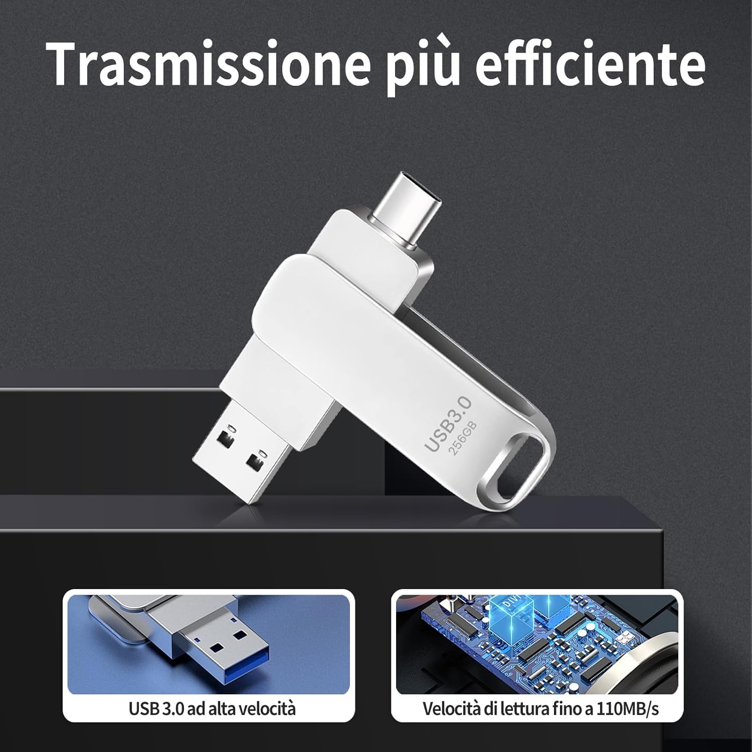Memoria USB C 256GB, Dual Drive Pendrive Tipo C y USB OTG 2 en 1 Portátil Impermeable Dual Pen Drive USB C Metal Alta Capacidad Memory Stick para iOS Smartphones,Android, Pc, Tabletas-USB — view 5