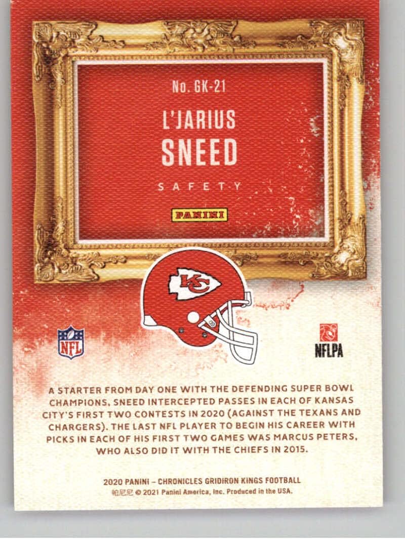 2020 Panini Chronicles Gridiron Kings #21 L'Jarius Sneed Kansas City Chiefs RC Rookie Card Official NFL Football Trading Card in Raw (NM or Better) Condition