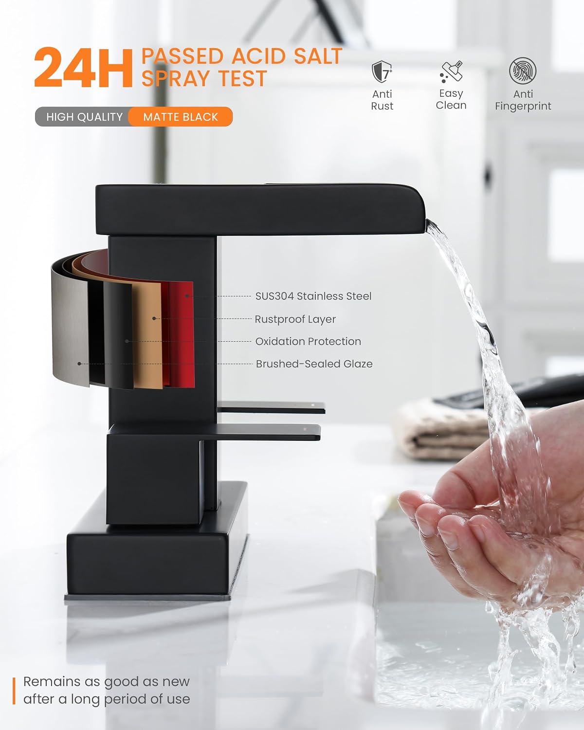 Waterfall Bathroom Faucet 2 or 3 Holes, Matte Black Bathroom Sink Faucet, 4 Inch Centerset Faucets, 2 Handles Waterfall Vanity Faucets, Pop Up Drain Assembly Included