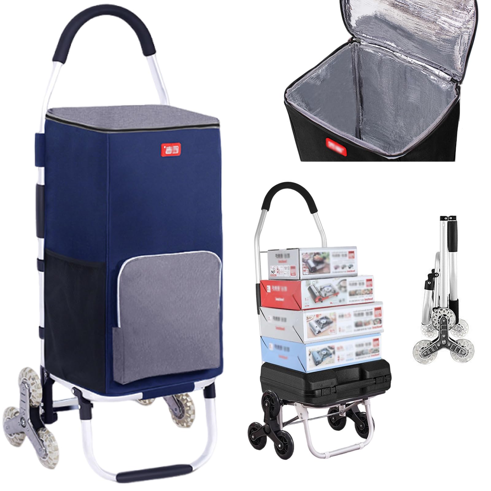 Einkaufstrolley Treppensteiger Klappbarer 3 in1 Trolley zum Einkaufen, 50 Liter inkl. Kühlfach; Transportwagen Shopping-Trolley Einkaufswagen Einkaufstasche (Blue)