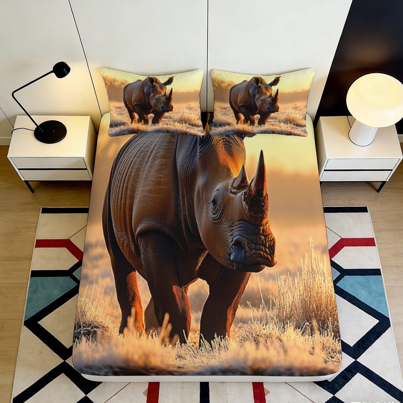 3D Printed Rhino Sunset Fitted Sheet Microfiber Anti-Slip Bed Cover for Bedroom Dorm Machine Washable Decor 117 90x200x25cm
