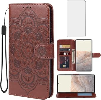 Case for Pixel 6 Case, Google 6 GB7N6 Wallet Case with Tempered Glass Screen Protector, Embossed Mandala Leather Flip Credit Card Holder Stand Phone Cover Cases for Google Pixel 6 Brown
