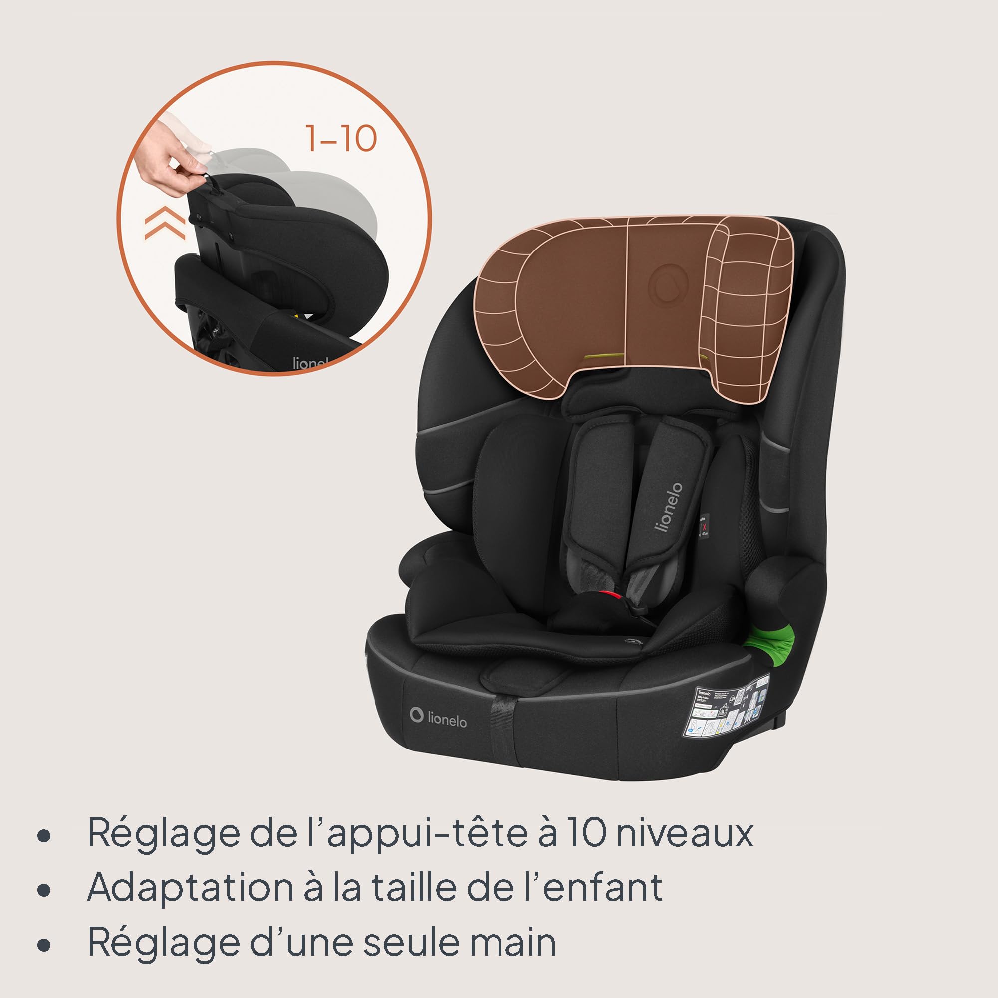 LIONELO LO-BILLY I-SIZE Siège Auto Bébé, 76 à 150 cm De 15 mois à 12 ans environ, Installation ISOFIX ou Ceinture de Voiture, Appui-Tête Réglable, Protection Latérale Norme R129 (Black)