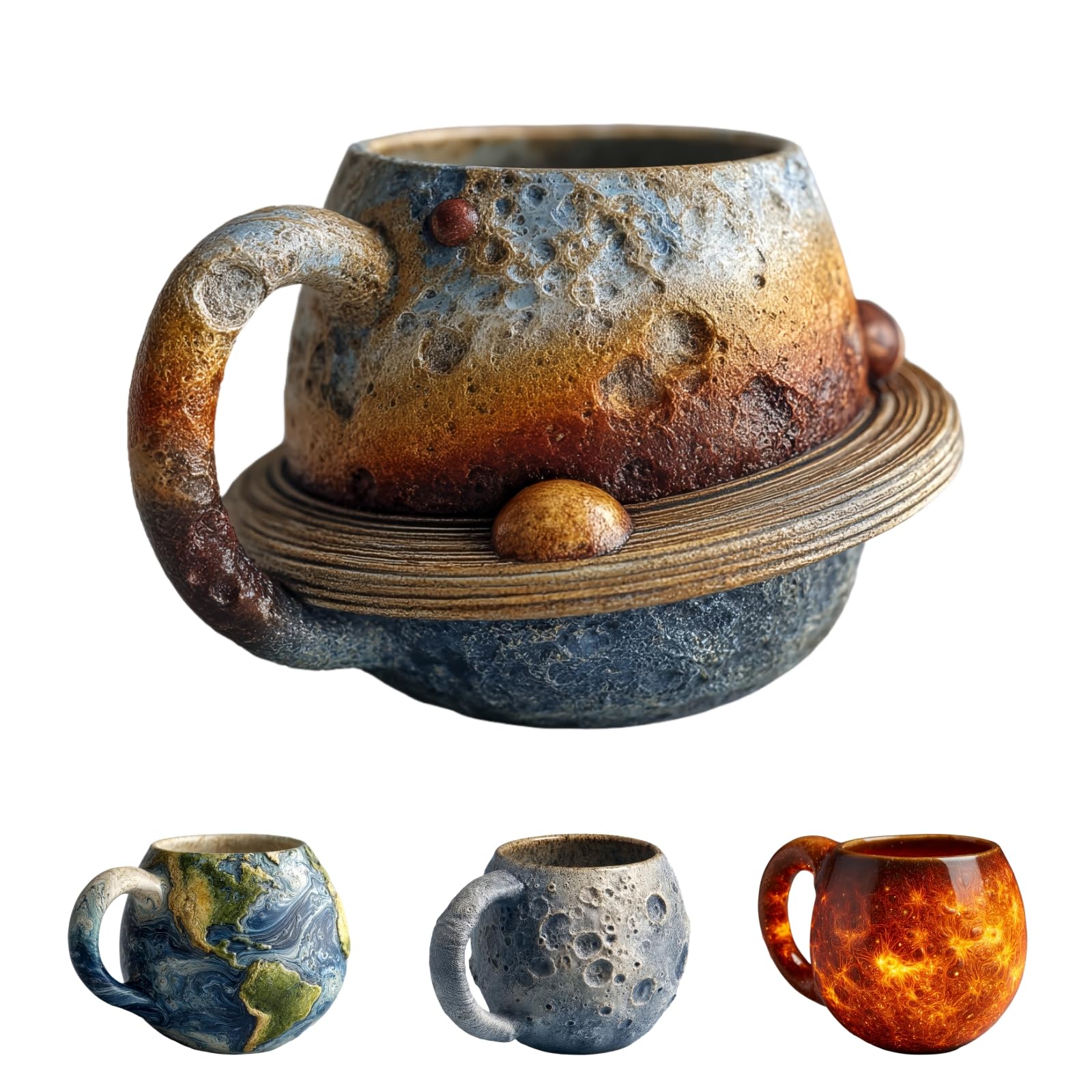 Zestaw kubków z motywem Układu Słonecznego – ceramiczne kubki 3D z motywem Ziemi, księżyca, Saturna i Słońca do kawy, herbaty lub mleka - wyjątkowy prezent dla miłośników astronomii
