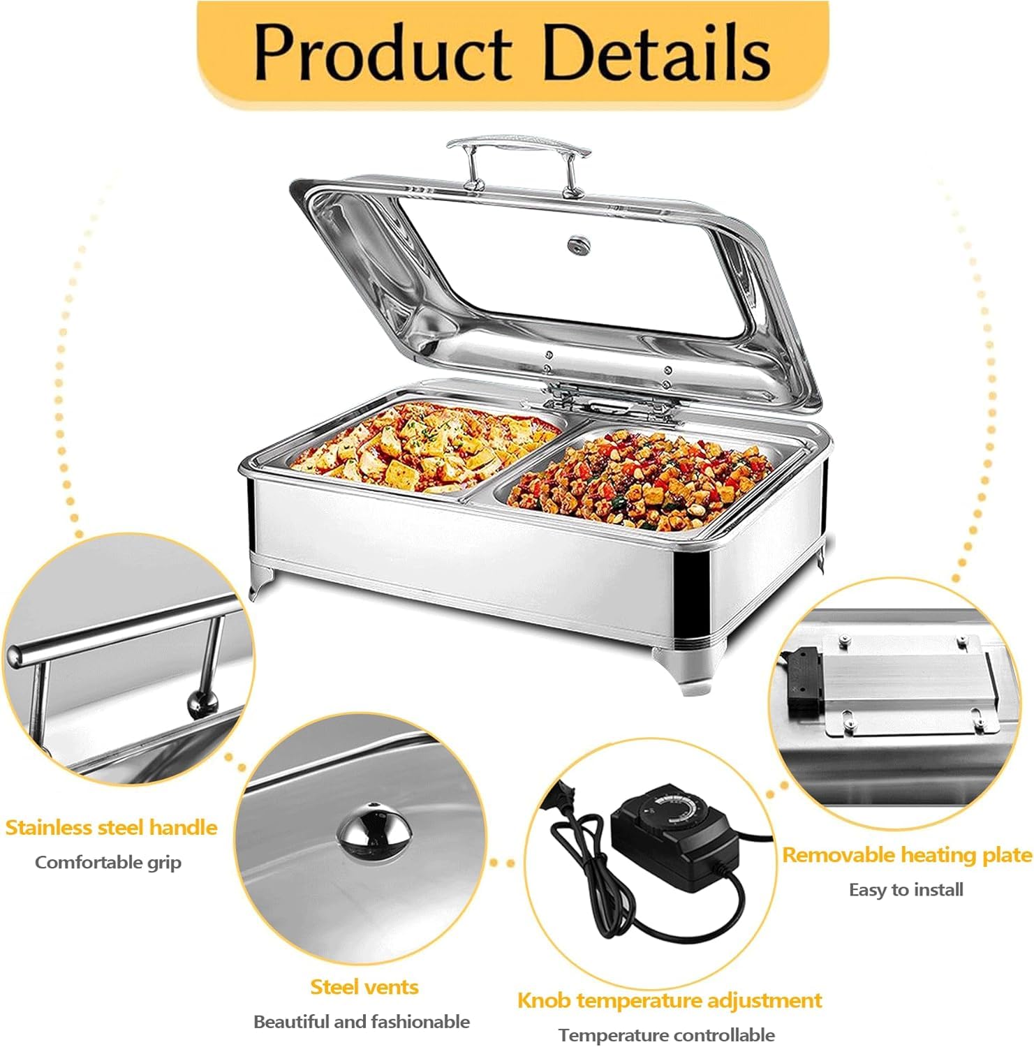 Chafing Dish Elettrico, 9L Scaldavivande Commerciale Contenitore Scalda Cibo Acciaio Inox con on Coperchio in Vetro Trasparente, Scaldavivande Elettrico per Buffet e Feste (GN1/1)