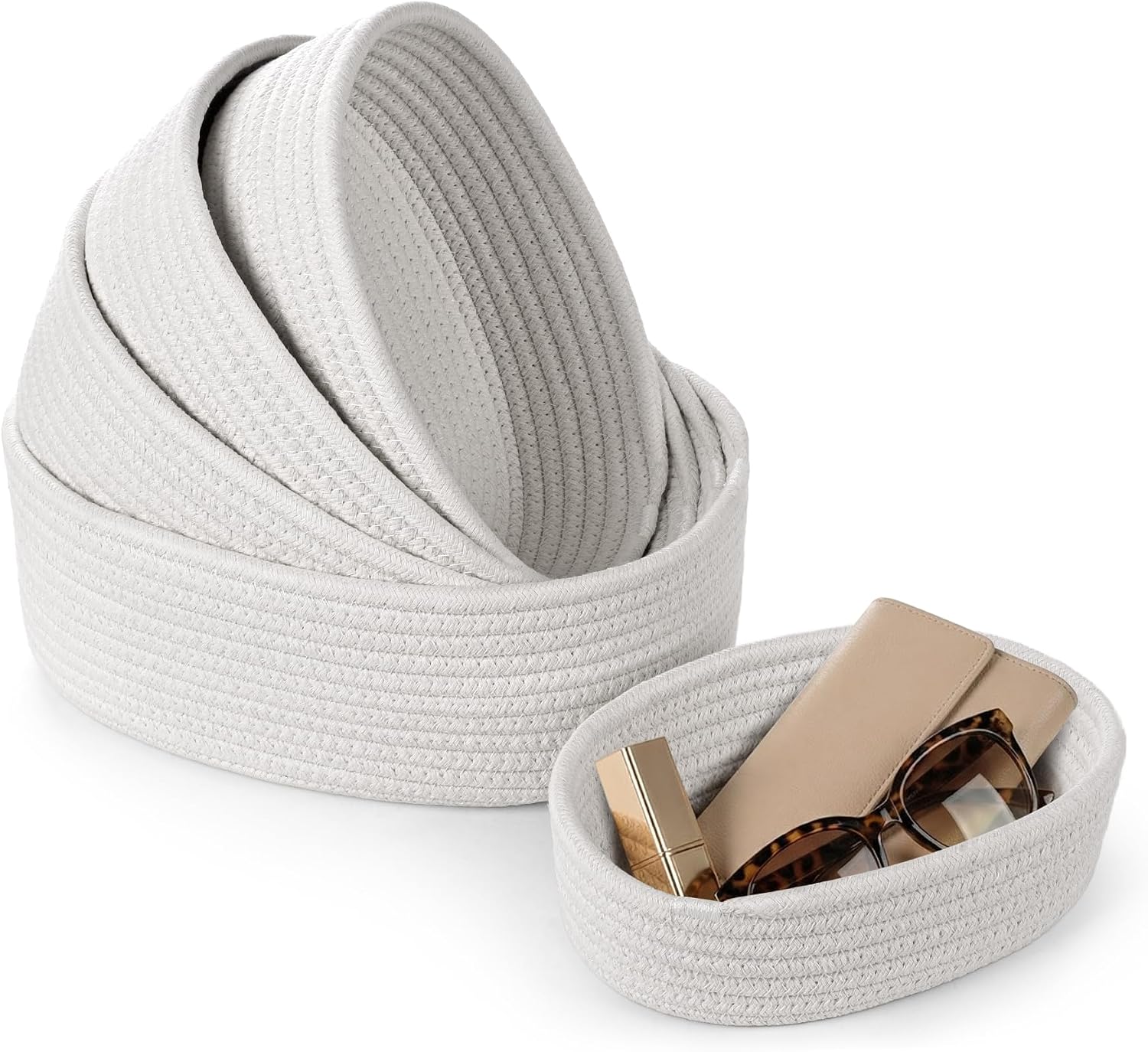 Woven Fabric Storage Baskets - 5 Pack Small to Large Graduated Size Set Soft Rope Shelving Organizers Boho Home Containers for Warm Relaxed Cozy Room Decoration (Flax Brown)
