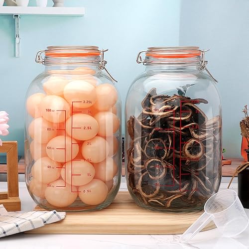 Miniatura 6 de Encheng Tarros redondos de vidrio de 1 galón con tapas con bisagras, tarros de vidrio de boca extra ancha con cuchara y marcas de medición,