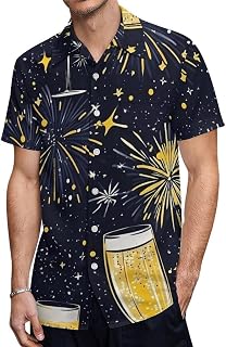 Sparkling Champagne Glasses Firework Button Down Hawaiian Shirt for Men Casual Loose Lapel Collar Beach Shirts