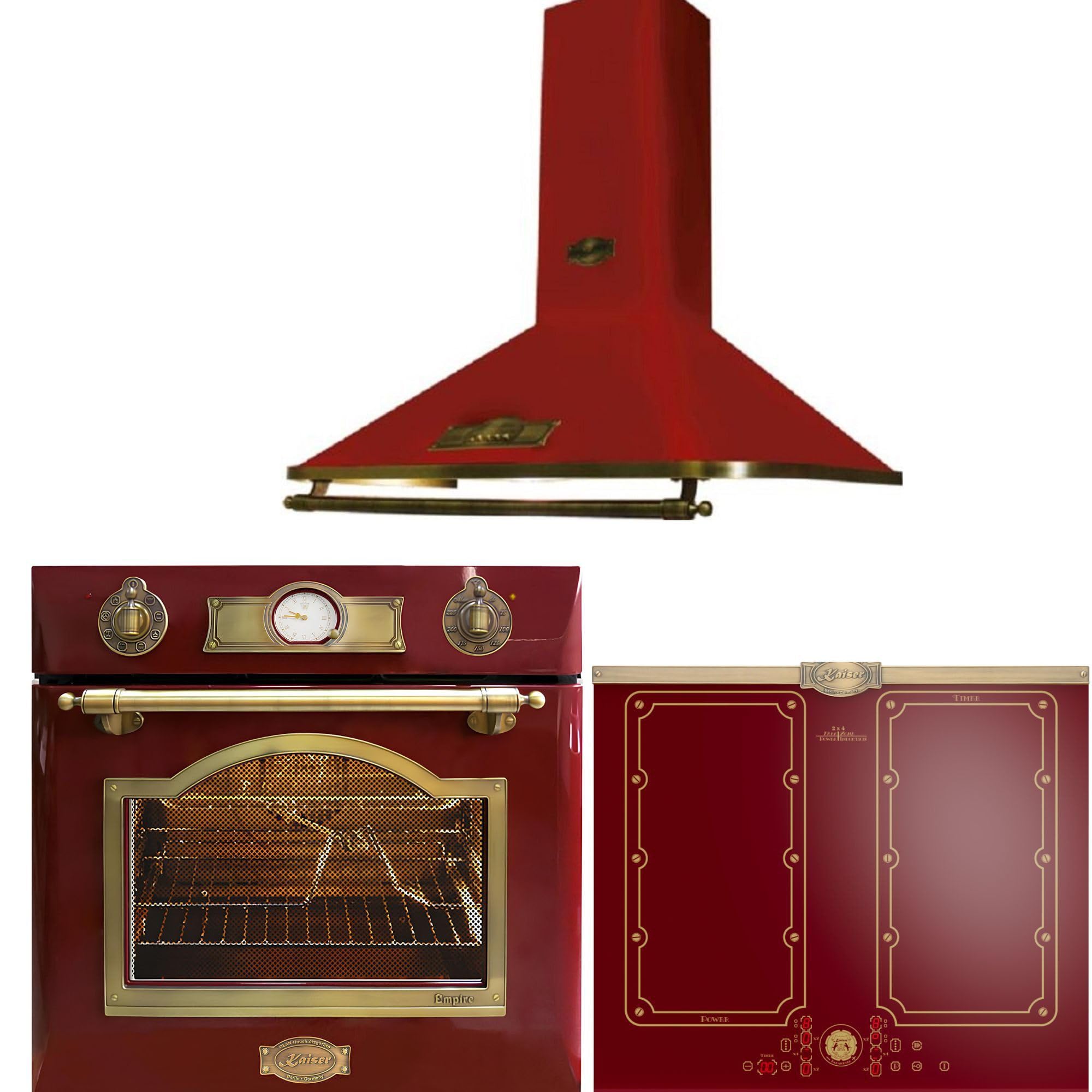 Kaiser Zestaw piekarnika 60 cm Empire RotEm EH 6355+KCT 6192 FI+A 6315 Autark zestaw kuchenny w stylu retro vintage bordowy • piekarnik 67 l • płyta indukcyjna FREE ZONE z boosterem • okap kuchenny
