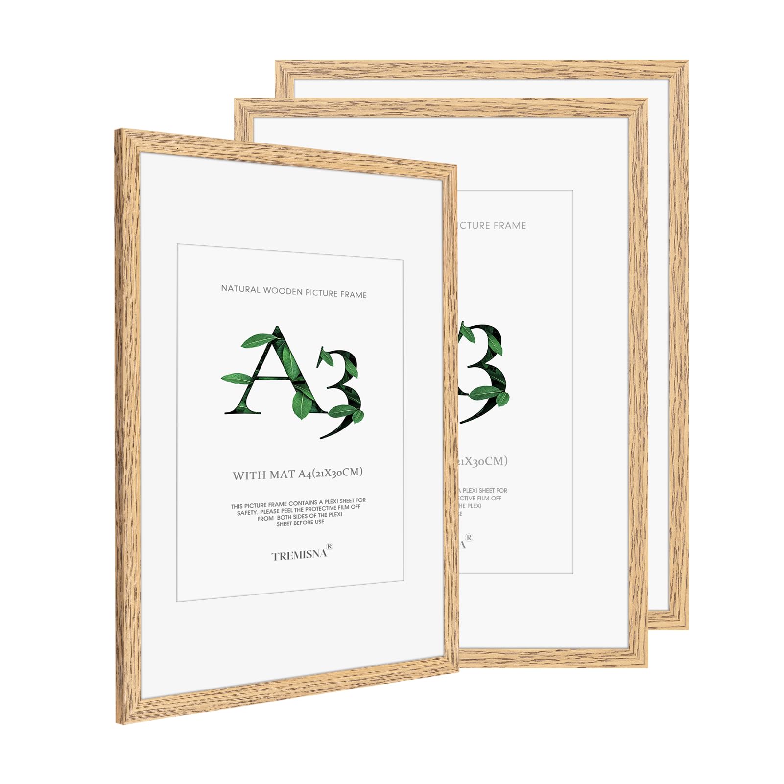 Tremisnaยฎ 3x A3 (29.7x42cm) Natural Wood Picture Frame with Removable Mat for A4 (21x29.7cm) or Use Without Mat for A3 Prints, Includes HD Perspex โ Wall Mountable