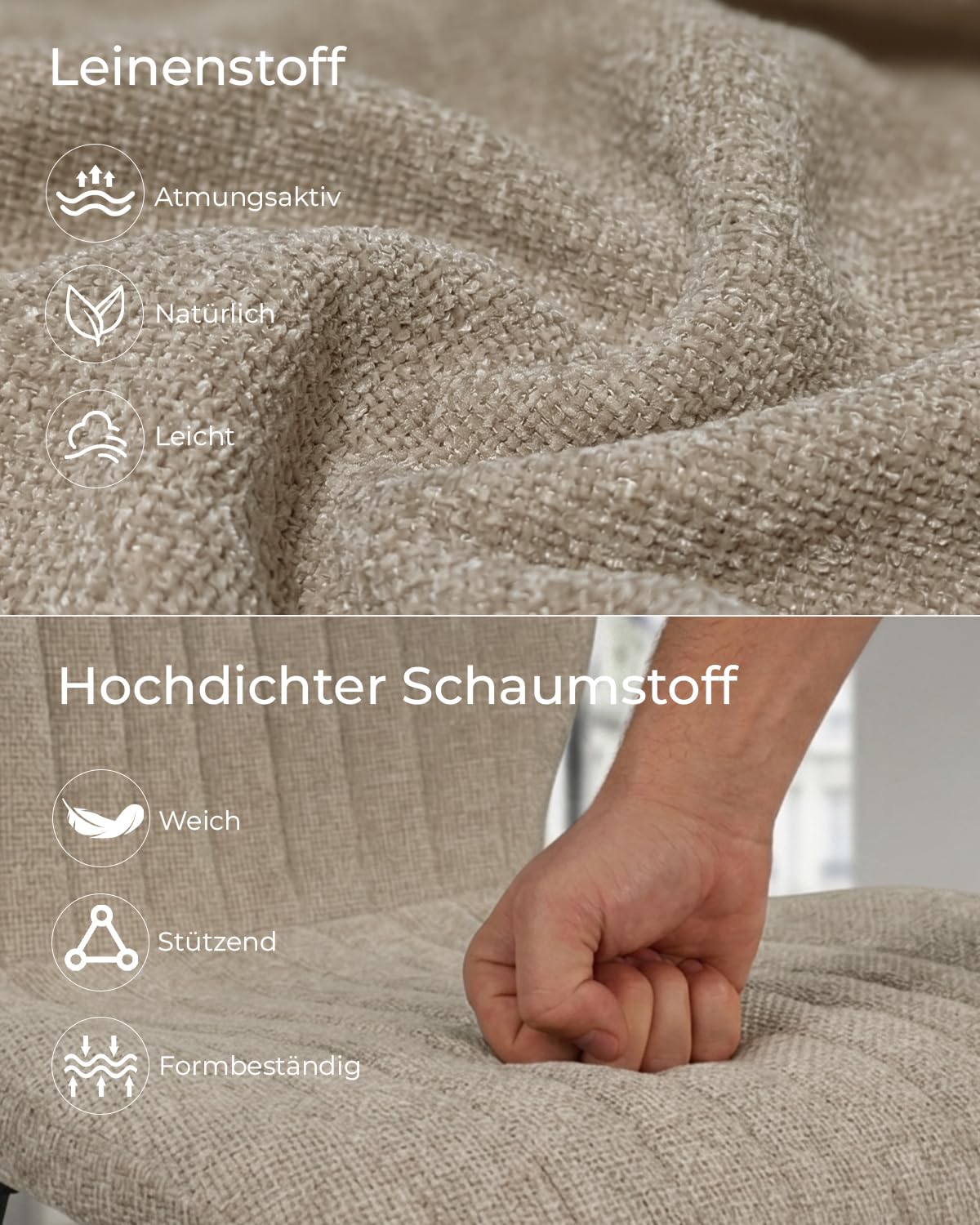 JIJIAN Esszimmerstühle 6er Set mit Leinenstoff und Metallbeinen, Haferbeige