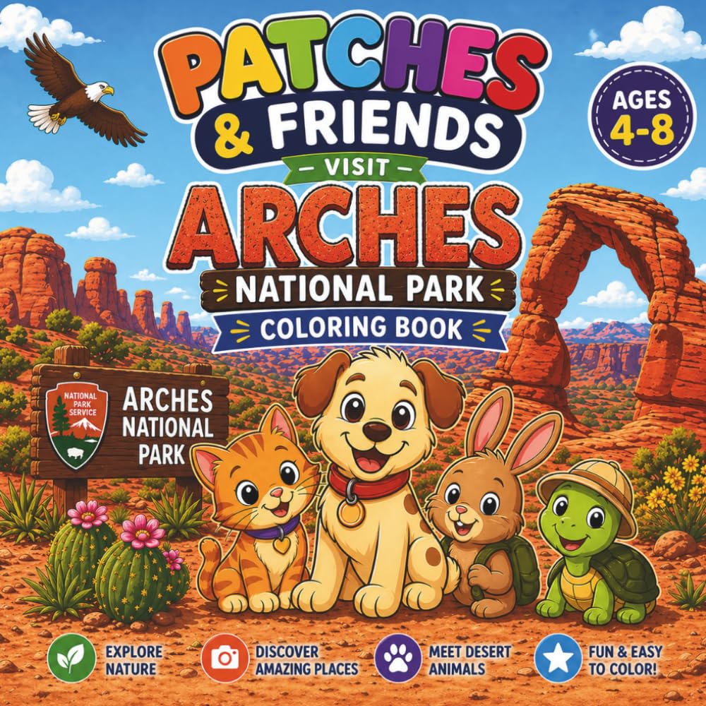 Patches & Friends Visit Arches National Park Coloring Book for Kids Ages 4–8: A Fun Desert Adventure Coloring Book with Cute Animal Friends, Mazes, Counting Games, Tracing Pages,