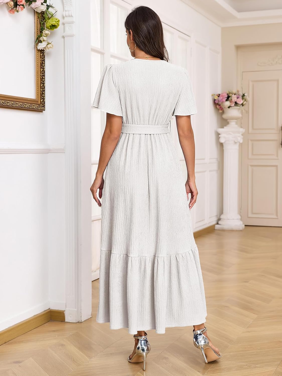 AISWI Maternity Short Sleeve Maxi Dress with Belt Crew Neck Pregnancy Tiered Ruffle Flowy Pocket Dresses Baby Shower image 2
