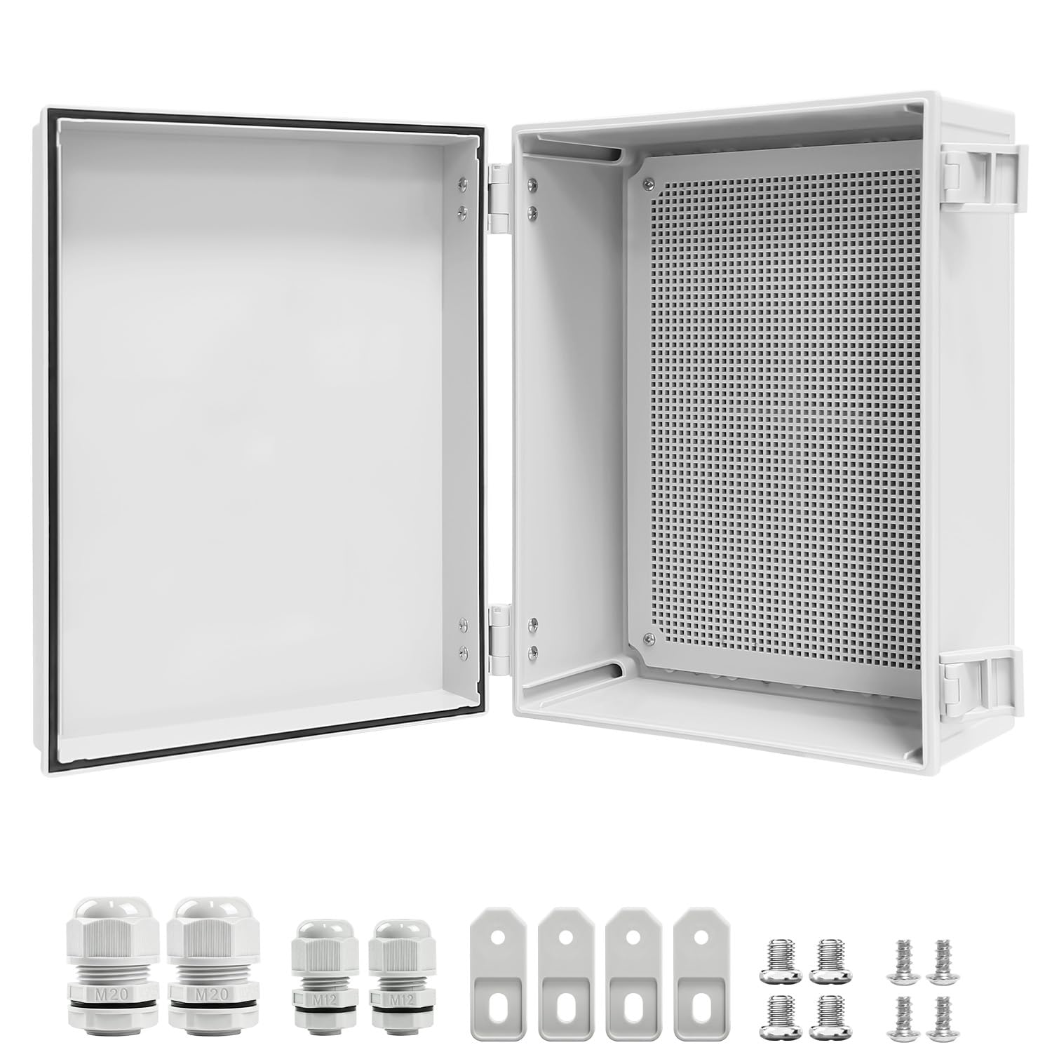 LeMotech Wasserdichte Verteilerkasten, IP65 Abzweigdose, ABS Kunststoff Gehäuse, mit Montageplatte, Wandhalterung, Scharnierdeckel und Wasserdichtem Anschluss, 400 × 300 × 180 mm, grauer Schaltkasten