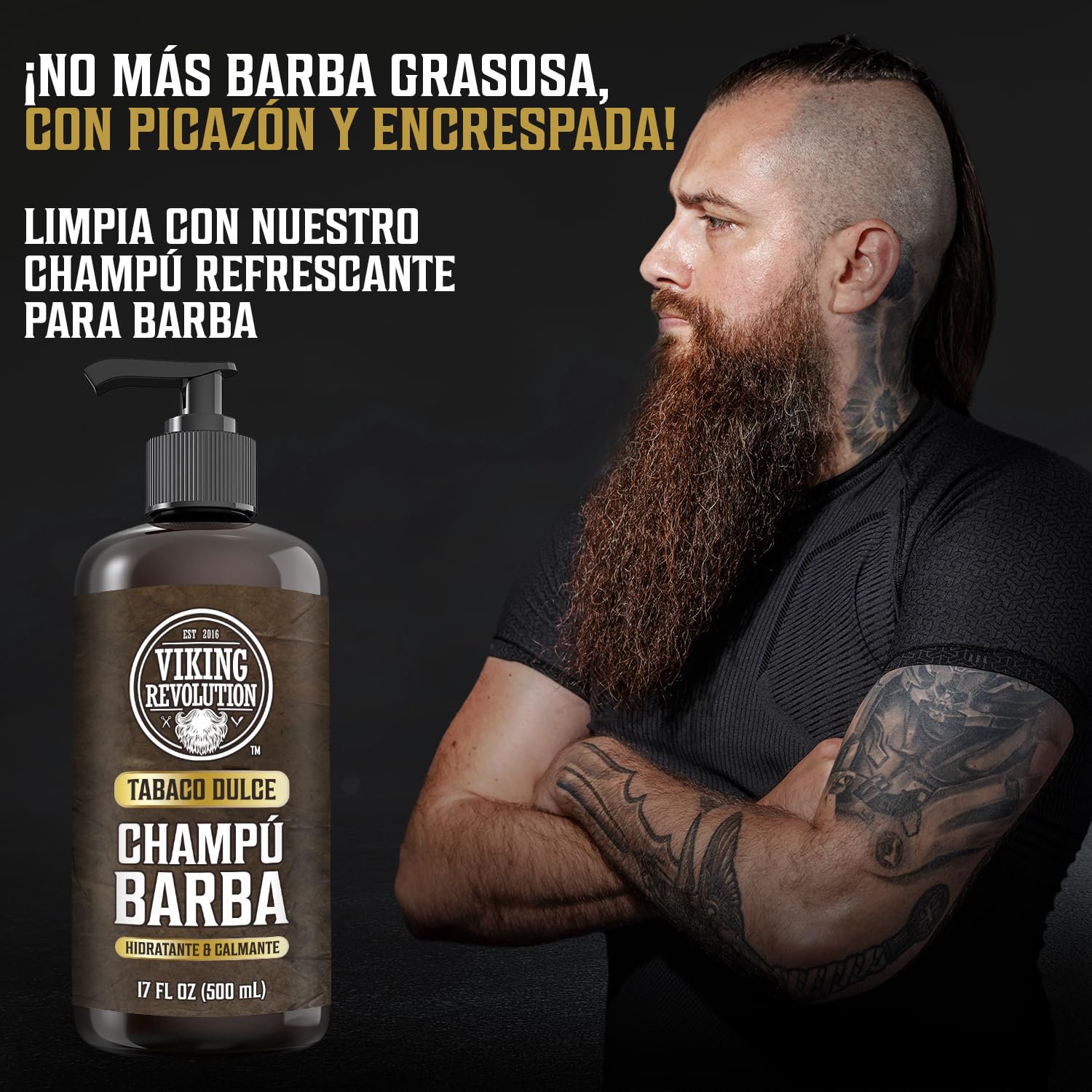 Viking Revolution Juego de Champú y Acondicionador de Barba con Aceites de Argán y Jojoba - Champú Barba Hombre que Suaviza, Alisa y Fortalece el Crecimiento - Tabaco Dulce 2x500 ml