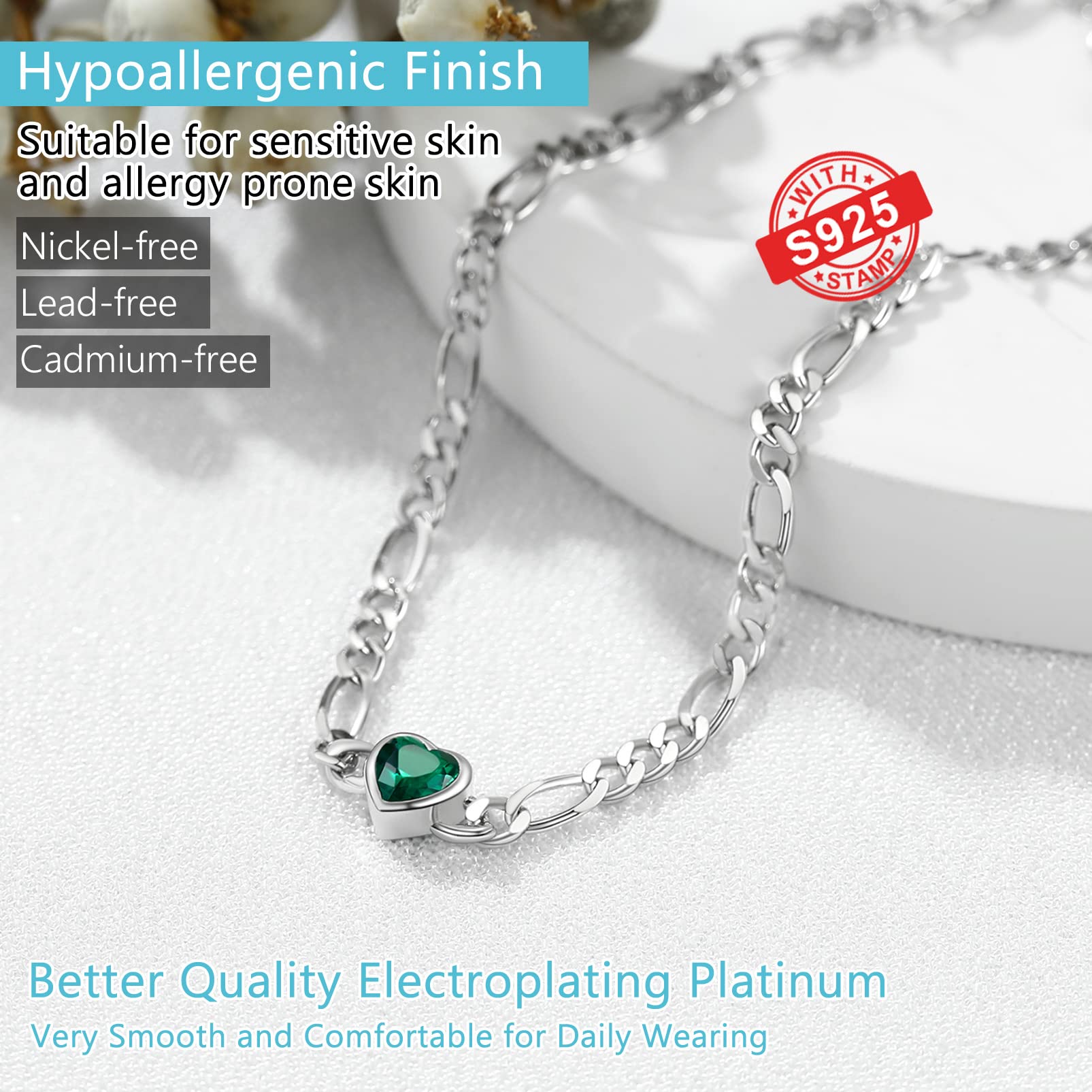 PROSILVER Cavigliera Argento 925 con Cuore Pietra Portafortuna 12 Mesi da Estate Spiaggia con Confezione Regalo 22+5cm Regaolabile