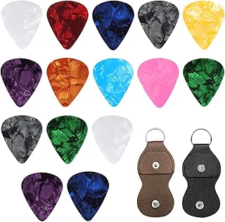 15 Stück Plektren Plectrum, Zelluloid Plektren, 0.46MM-Dünn 0.71MM-Medium 0.96MM-Heavy, Plectrum für Akustikgitarre, E-Guitar, Ukulele, Inklusive Gitarren Picks Halter(Zufällige Farbe)