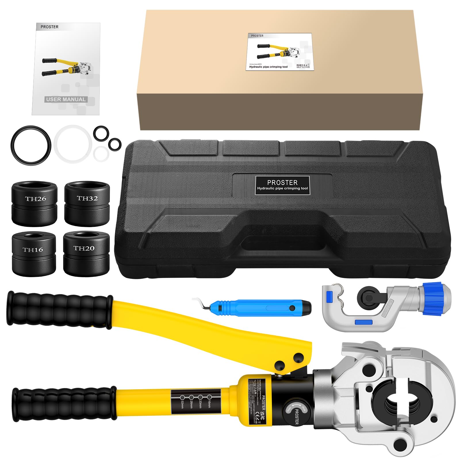 Proster Pinza Idraulica a Pressione 8 Tonnellate con Set di Matrici TH16 TH20 TH26 TH32 Pinza Crimpare Per Tubi con Testa Girevole a 360° Attrezzo Completo con Tagliatubi Custodia Robusta