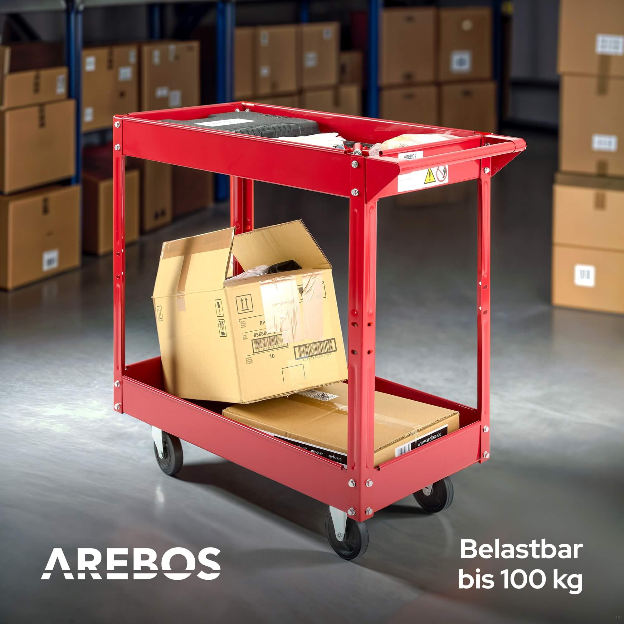 Arebos Werkstatt-Rollwagen | Montagewagen mit 2 Ablagefächern | bis 100 kg belastbar | robuster Werkzeugwagen aus Stahl | Mobile Transporthilfe | für Werkstatt, Garage & Hobbyraum | 2er Set