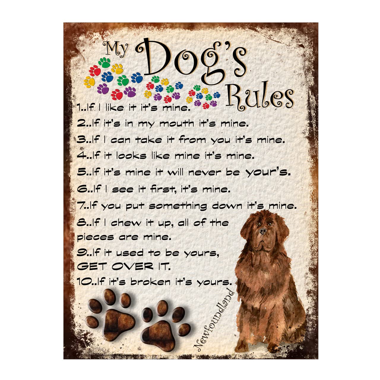 Metal Sign Plaque Poster My Dogs Rules Newfoundland Dog, 10x8 Ref57DR