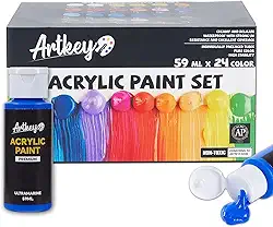 Artkey Conjunto de tinta acrílica - 24 cores 56.7 g/59 ml Kit de pintura de artistas profissionais para telas de tecido de rocha couro de páscoa ovo de páscoa madeira cerâmica vidro arte artesanato