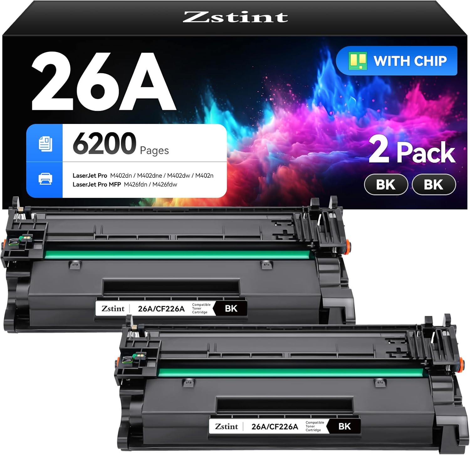 26A Black Toner Cartridge 2-Pack with Chip Replacement for HP 26A CF226A 26X CF226X Compatible with HP LaserJet Pro MFP M426fdn M426fdw M426dw M402dn M402dne M402dw M402n M402 M426 Series Printer Ink