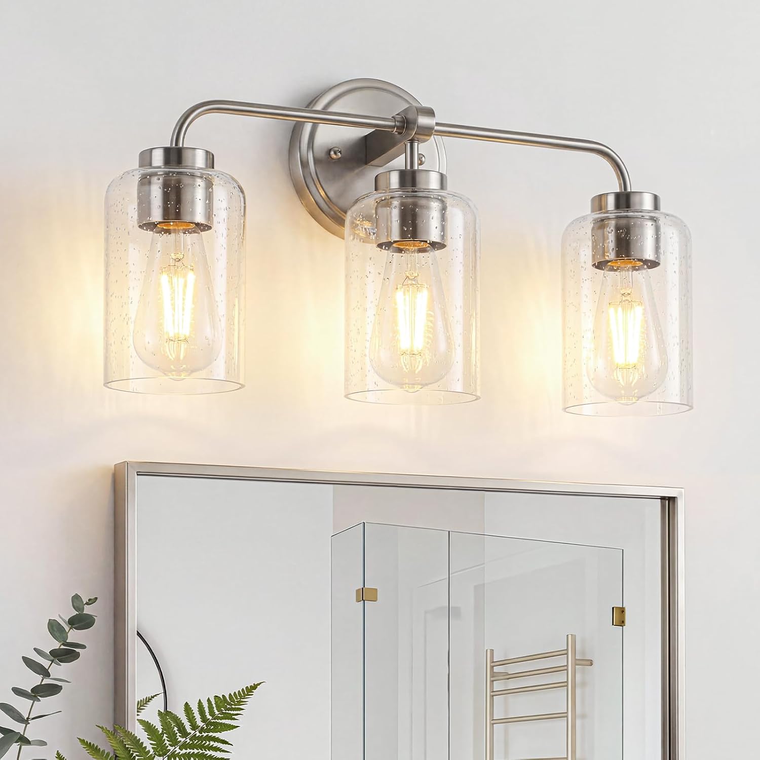 Bathroom Light Fixtures Over Mirror, 3 Lights Vanity Lights with Seeded Glass Shade, 18" Brushed Nickel Farmhouse Bathroom Wall Light Fixtures for Bedroom, Hotel, Mirror Cabinet