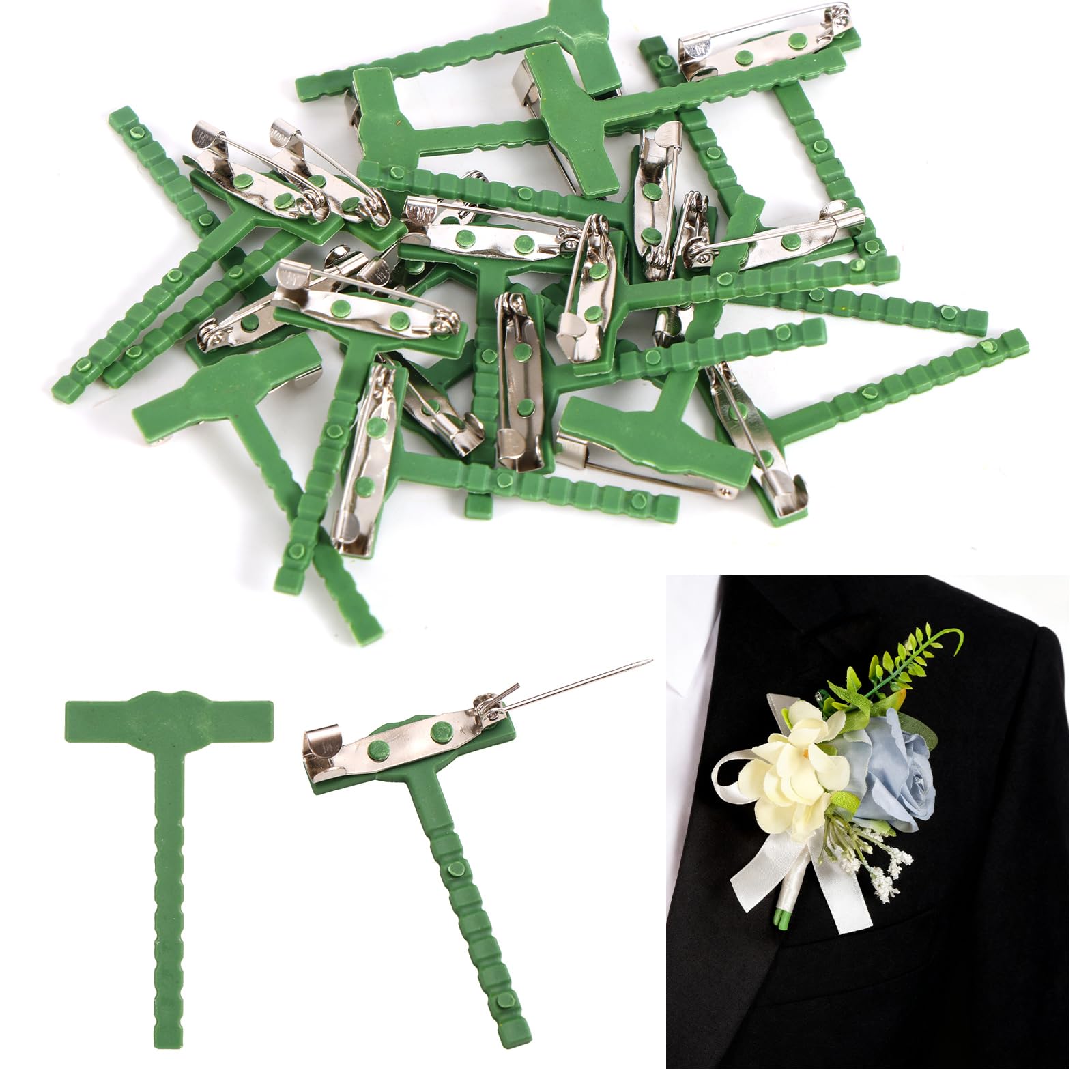 20pcs Boutonniere Safety Pins, T-Shaped Corsage Buttonhole Pins Tiny Green Plastic Boutonniere Clips Corsage Supplies for Bridegroom Wedding Accessory