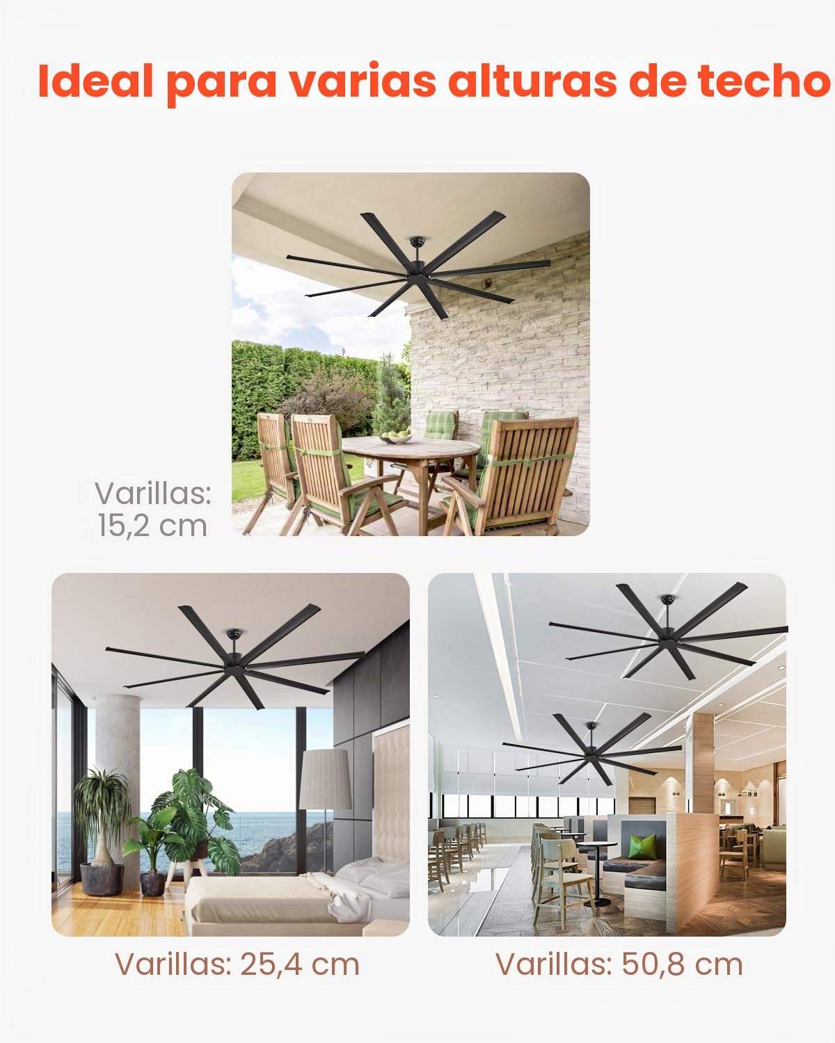 VEVOR Ventilador Moderno de Techo sin Luz 243 cm con Mando a Distancia 6 Velocidades, 8 Aspas de Aluminio, Motor DC Reversible, para Dormitorio, Salón, Interior, Exterior, Negro, Φ 2430 x 705,8 mm