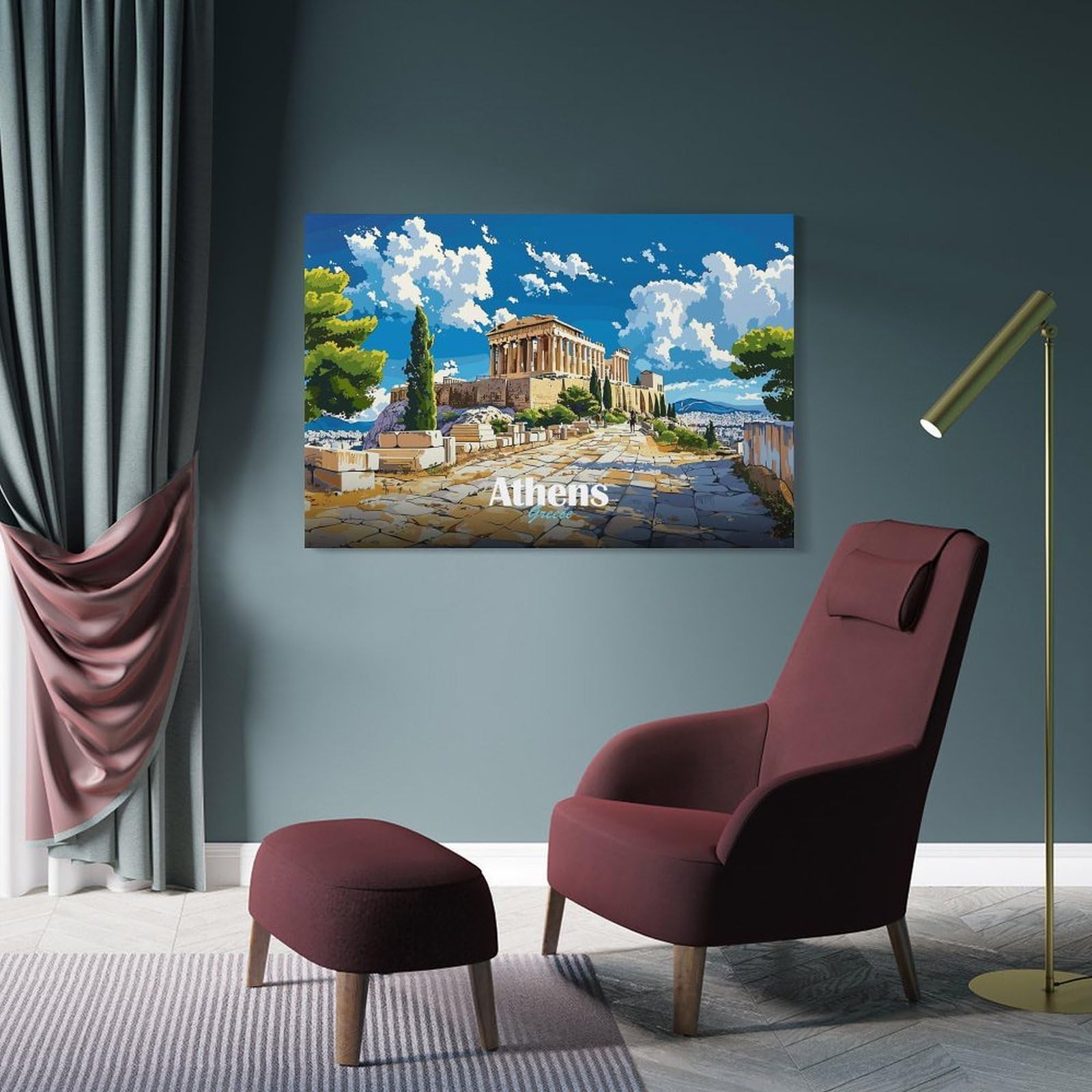 Junmoney Athens Acropolis Illustration Room Decor Wall Art, 08x12inch(20x30cm), for Bedroom, Guest Room Or Reading Nook, Home Artwork with A Soft Interior Feel