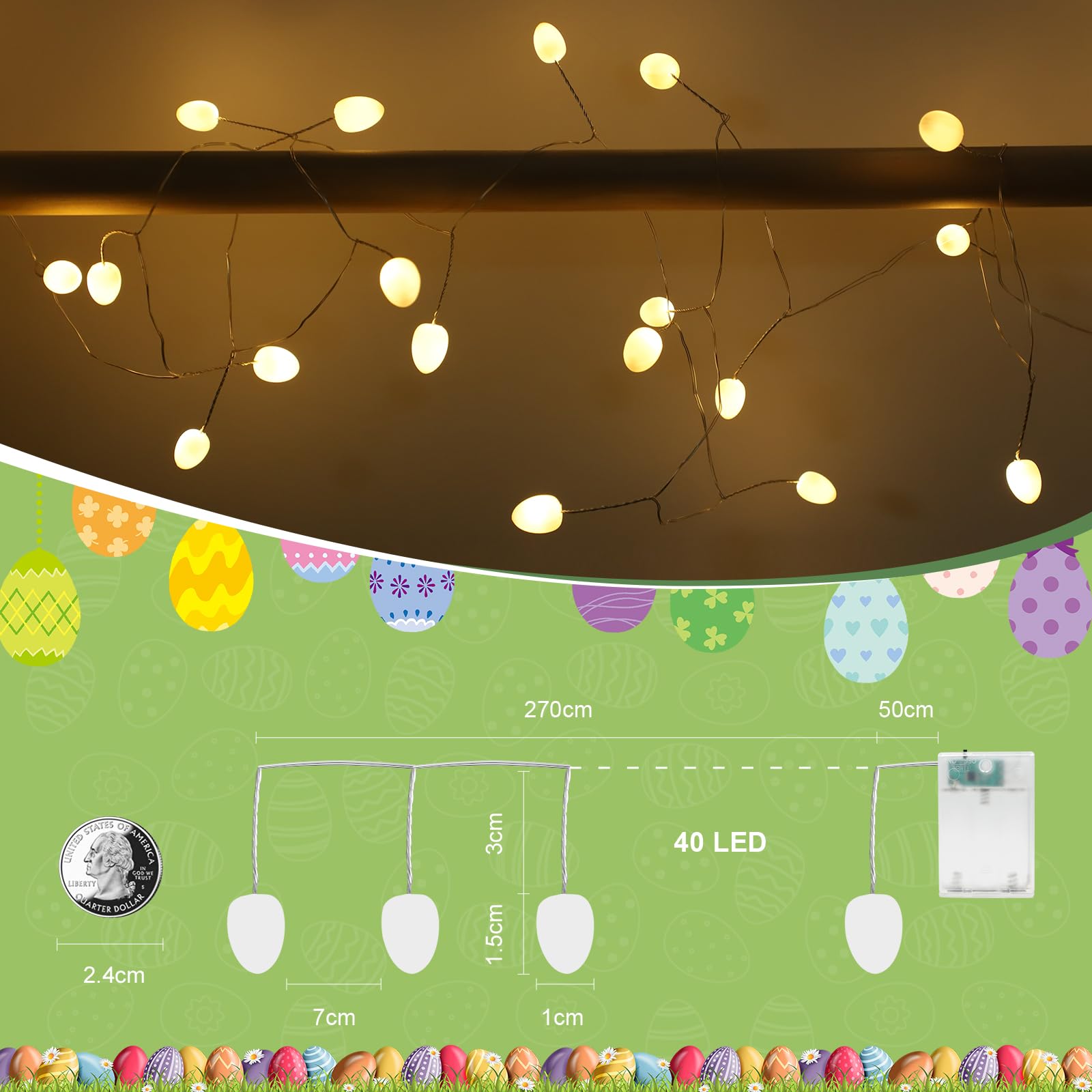 Guirnalda de luces LED, 3 m, 40 LED, funciona con pilas, luz blanca cálida, cadena de luces para Navidad, boda, fiesta, balcón, camping, habitación infantil, interior y exterior