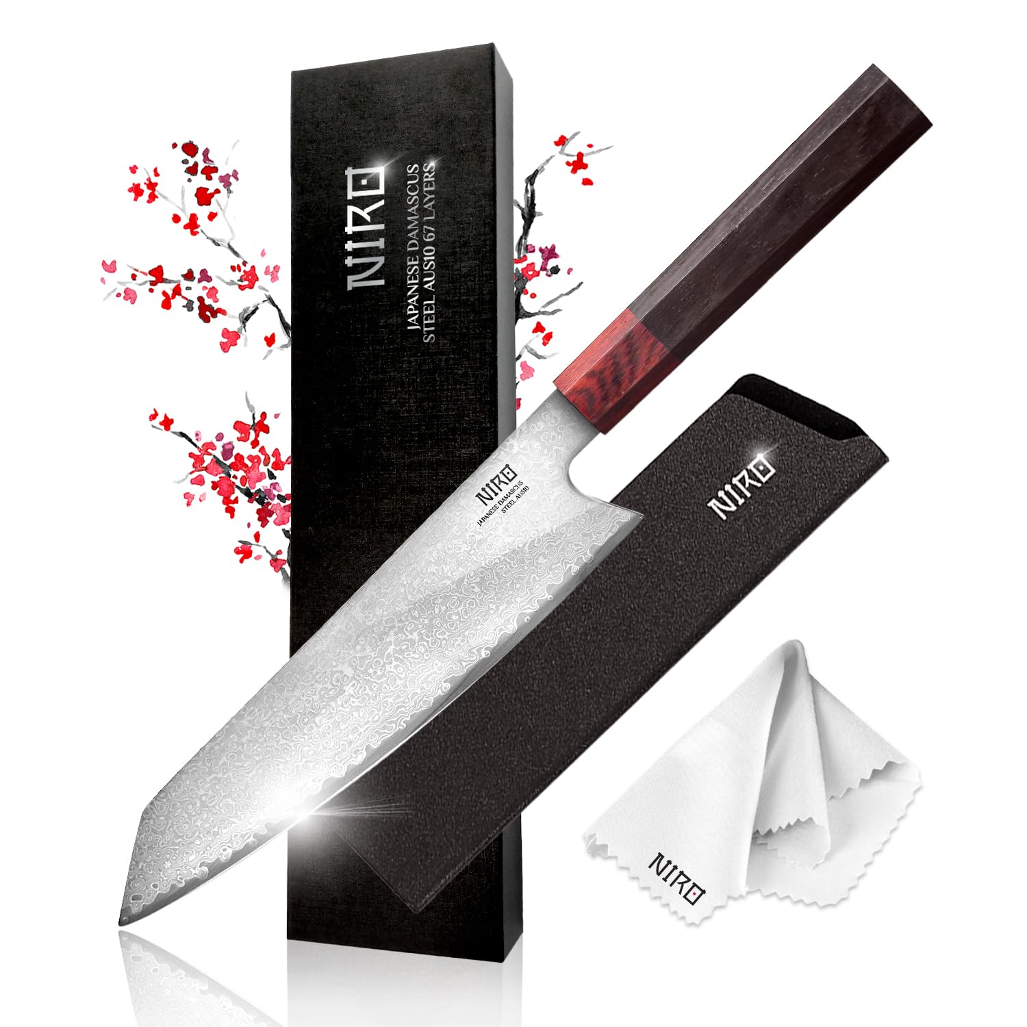 NIRO | Coltello Giapponese Professionale | Kiritsuke| Acciaio Damasco AUS-10 | Durezza HRC 60-61| 67 strati | Manico Pregiato in Ebano e Sandalo | Bilanciato | Forgiato a Mano | Resistente all'usura