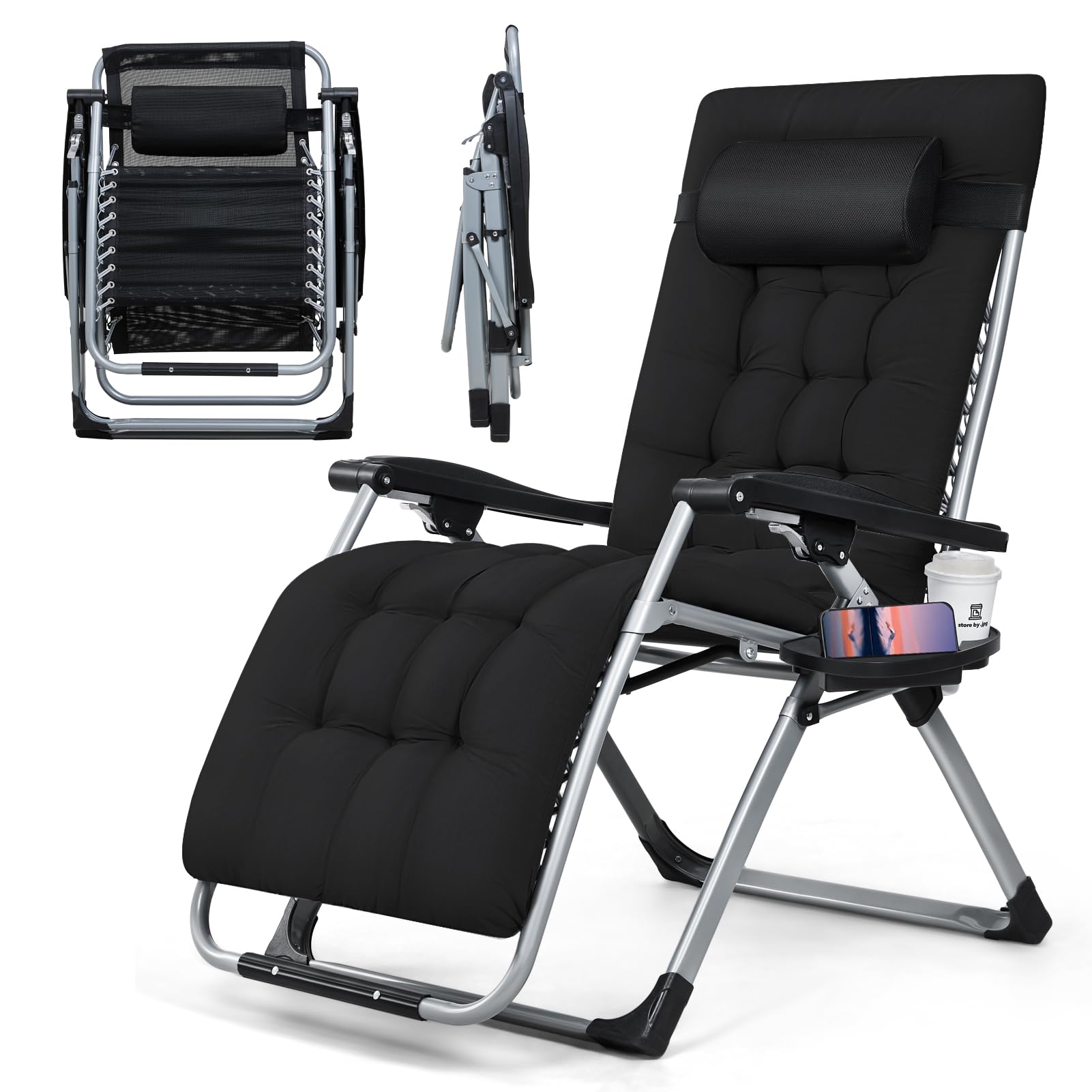 Warmiehomy Zero Gravity Chairs 72cm Width Folding Garden Recliner Chair with Cushion, Headrest Adjustable Sunlounger Chair with Cup Holder Reclining Bedchair for Garden, Beach, Patio, Camping,Black
