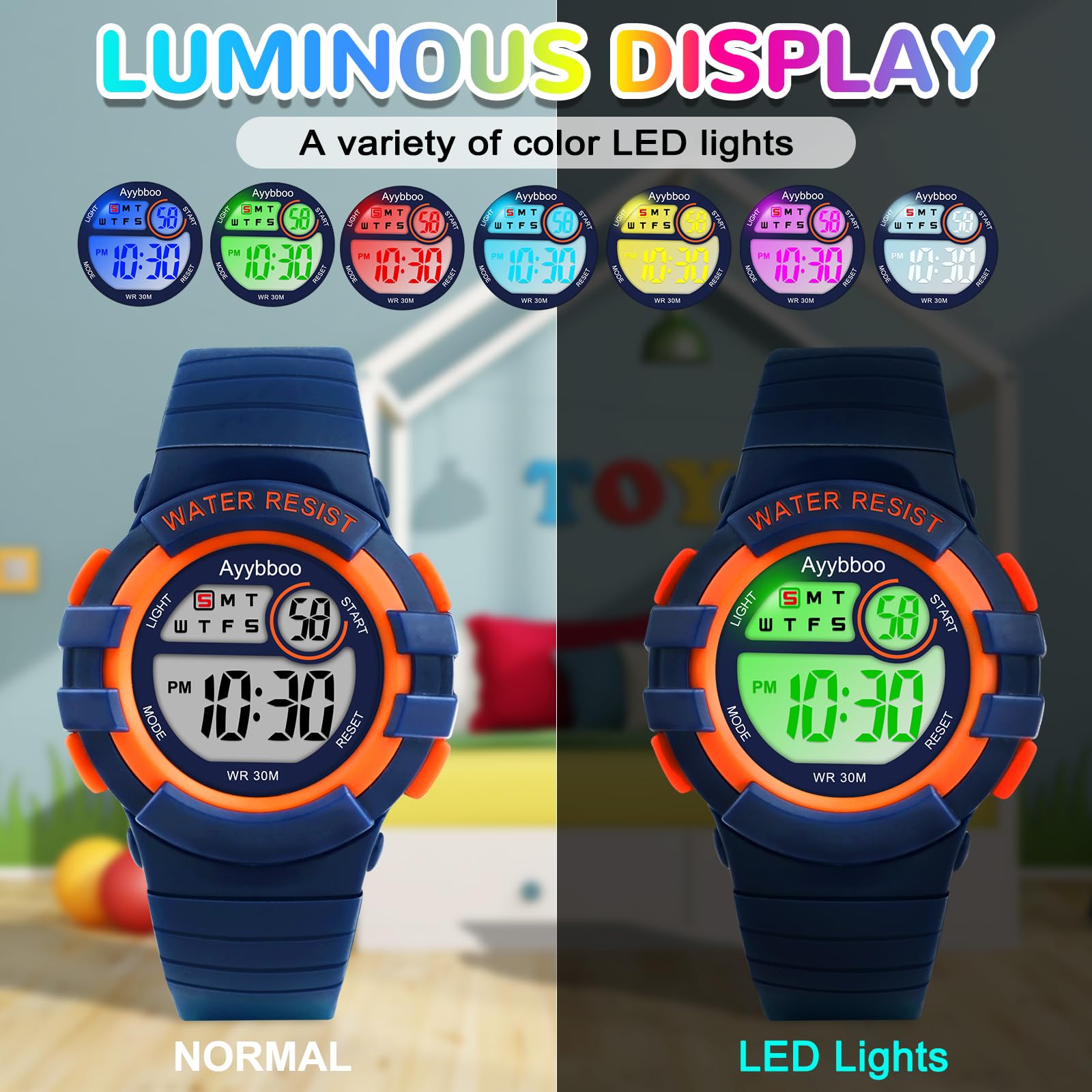 Reloj Niño Digital Infantil con 7 Luces LED,Impermeable 3 ATM, Alarma,Fecha,Cronómetro,Reloj Deportivo de Pulsera para Niñas y Niños,Regalo Ideal