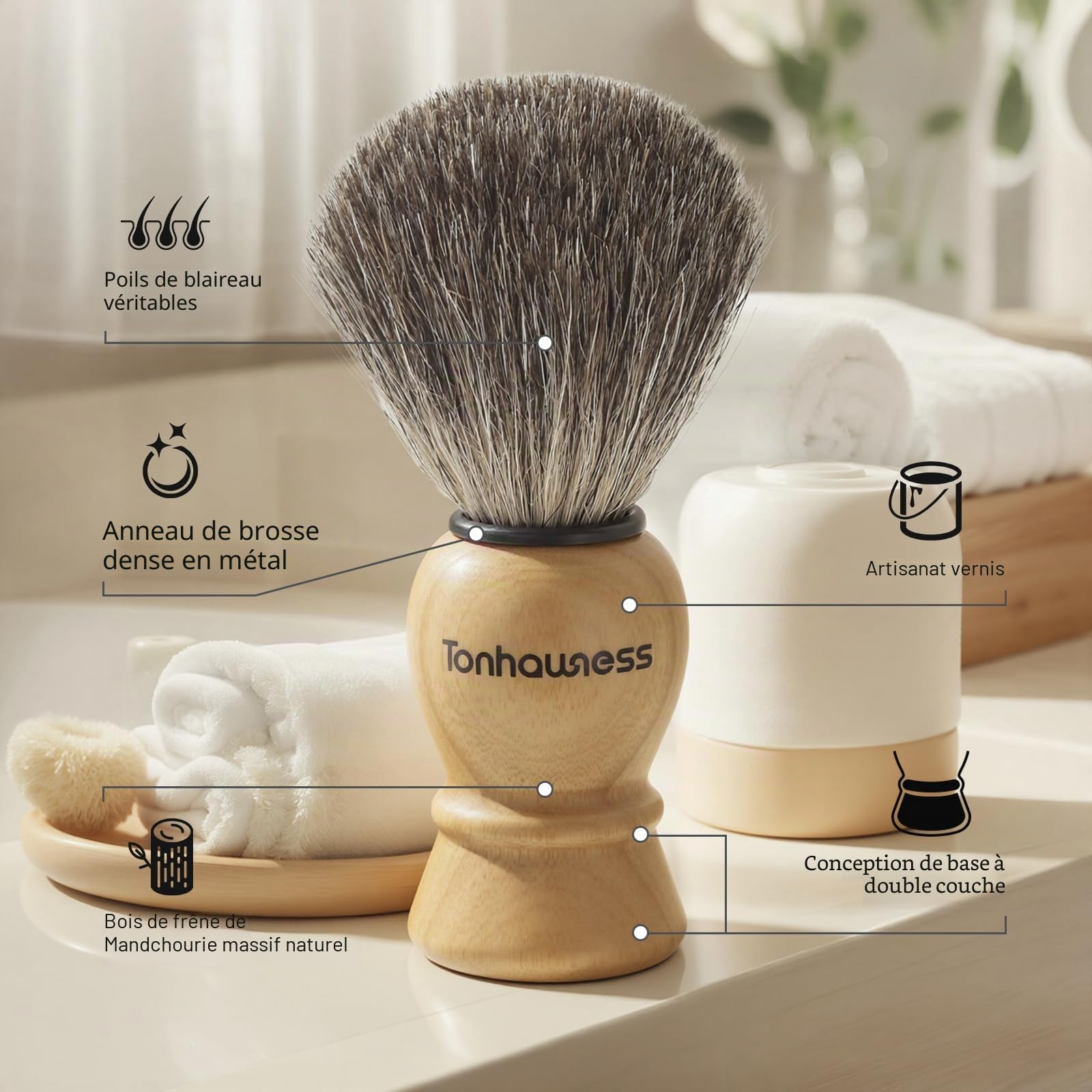 Blaireau de rasage en poils de blaireau avec manche en bois, savon de rasage au lait de chèvre, base à double anneau en acier inoxydable et bol de rasage à 3 couches pour homme (bois avec poils de