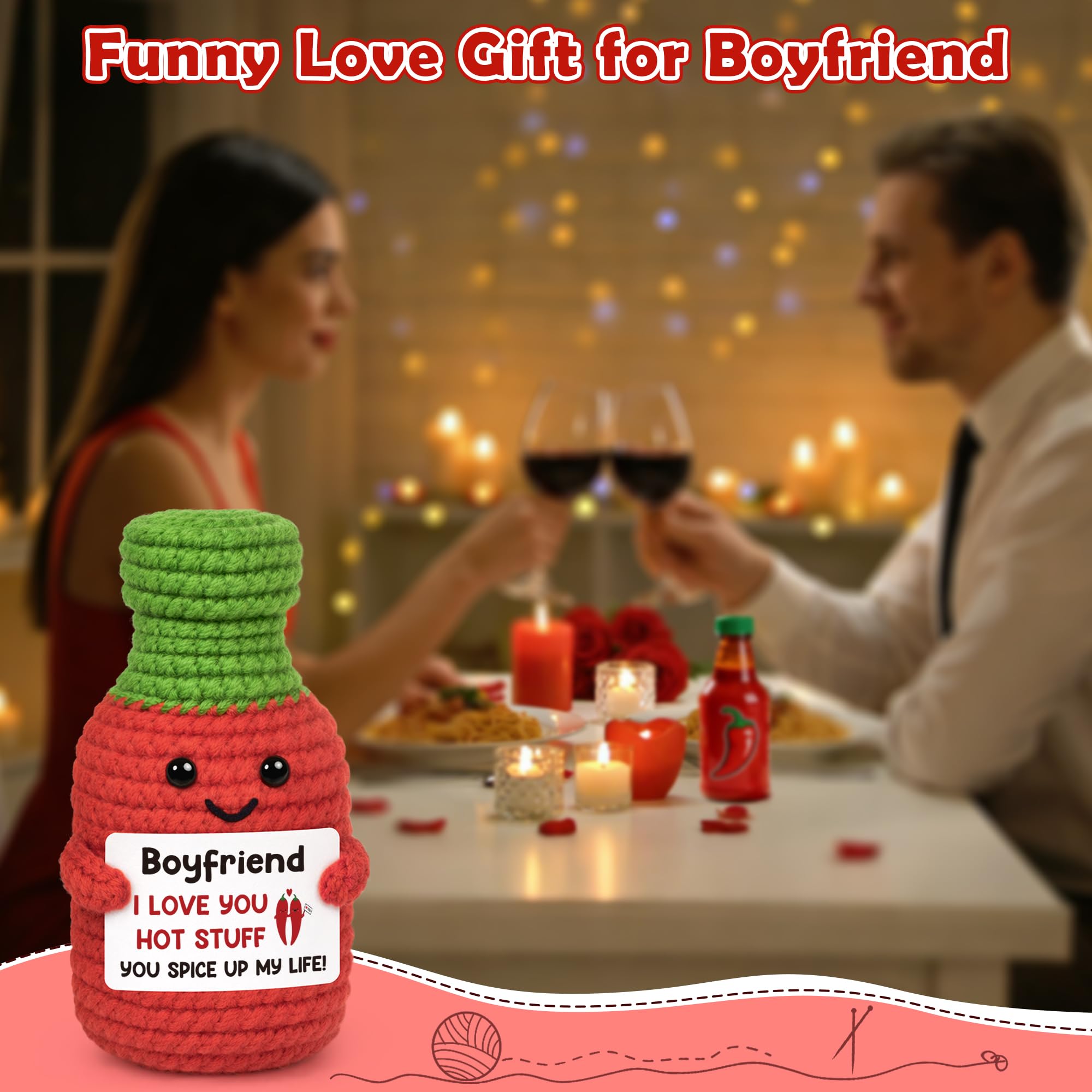 Anniversary Men Gifts for Boyfriend Him Birthday for Boyfriend from Girlfriend, I Love You Boyfriend's Sweet Day Romantic Gift Funny Handmade Crochet Hot Sauce Gift for Couple