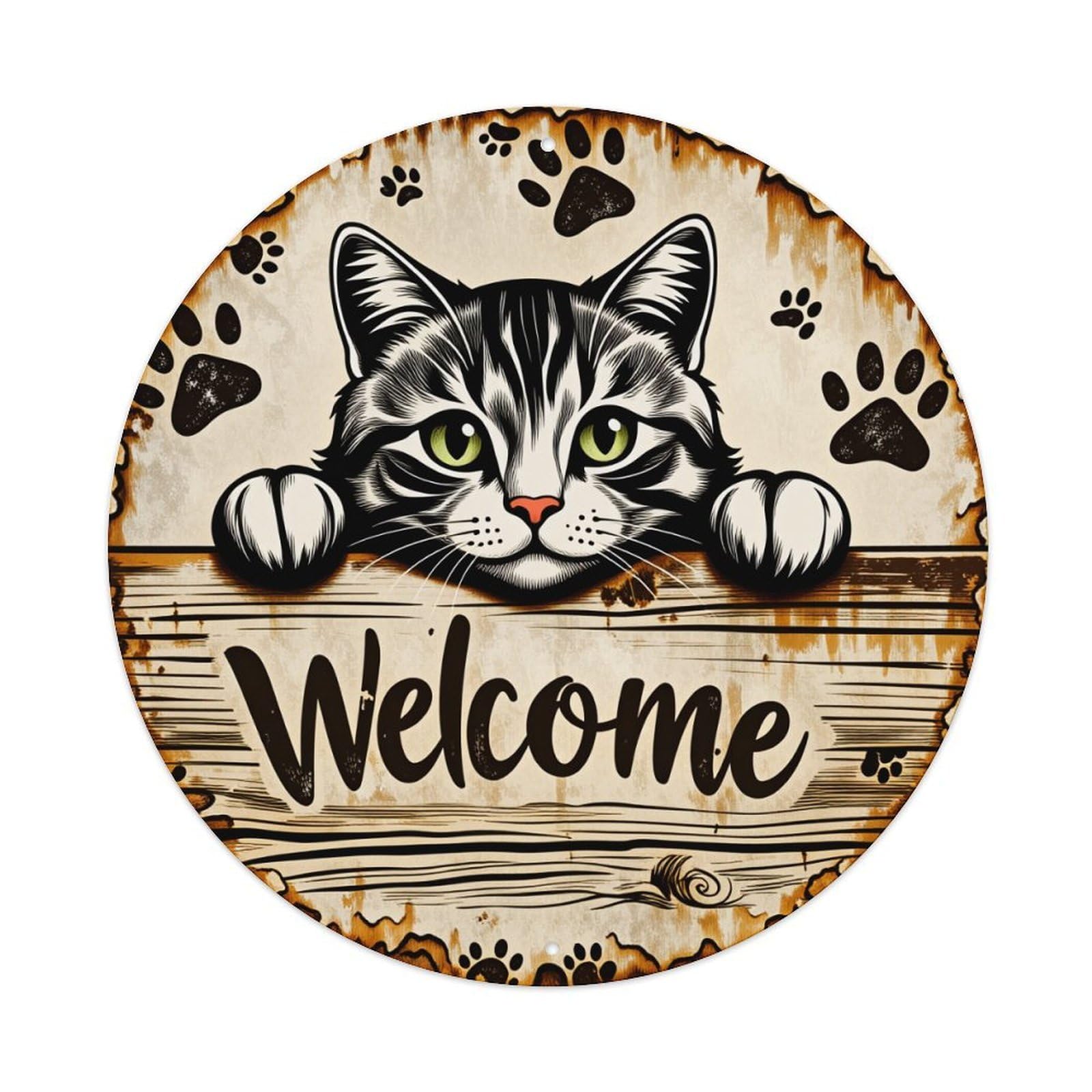 Cat Paw Print Wood Welcome Round Tin Sign Vintage Style Metal Sign Home Bar Garden Wall Plaque Decor Metal Poster 8x8 Inch