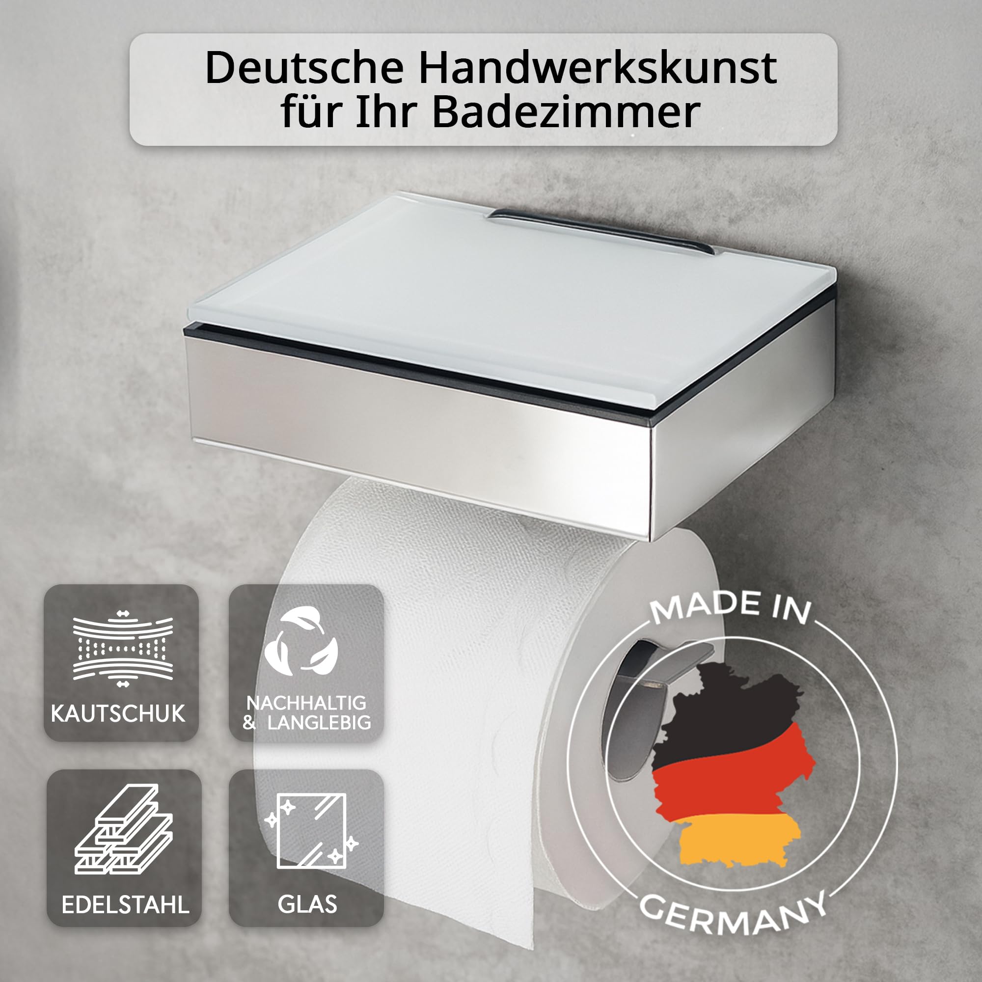 Toilettenpapierhalter mit Feuchttücherbox - Gehäuse Poliert & Abdeckung Glas Weiß- befüllbar von Rechts - Wandhalterung 2-in-1, Feuchttuchbox & Klopapierhalter aus Edelstahl, Made in Germany