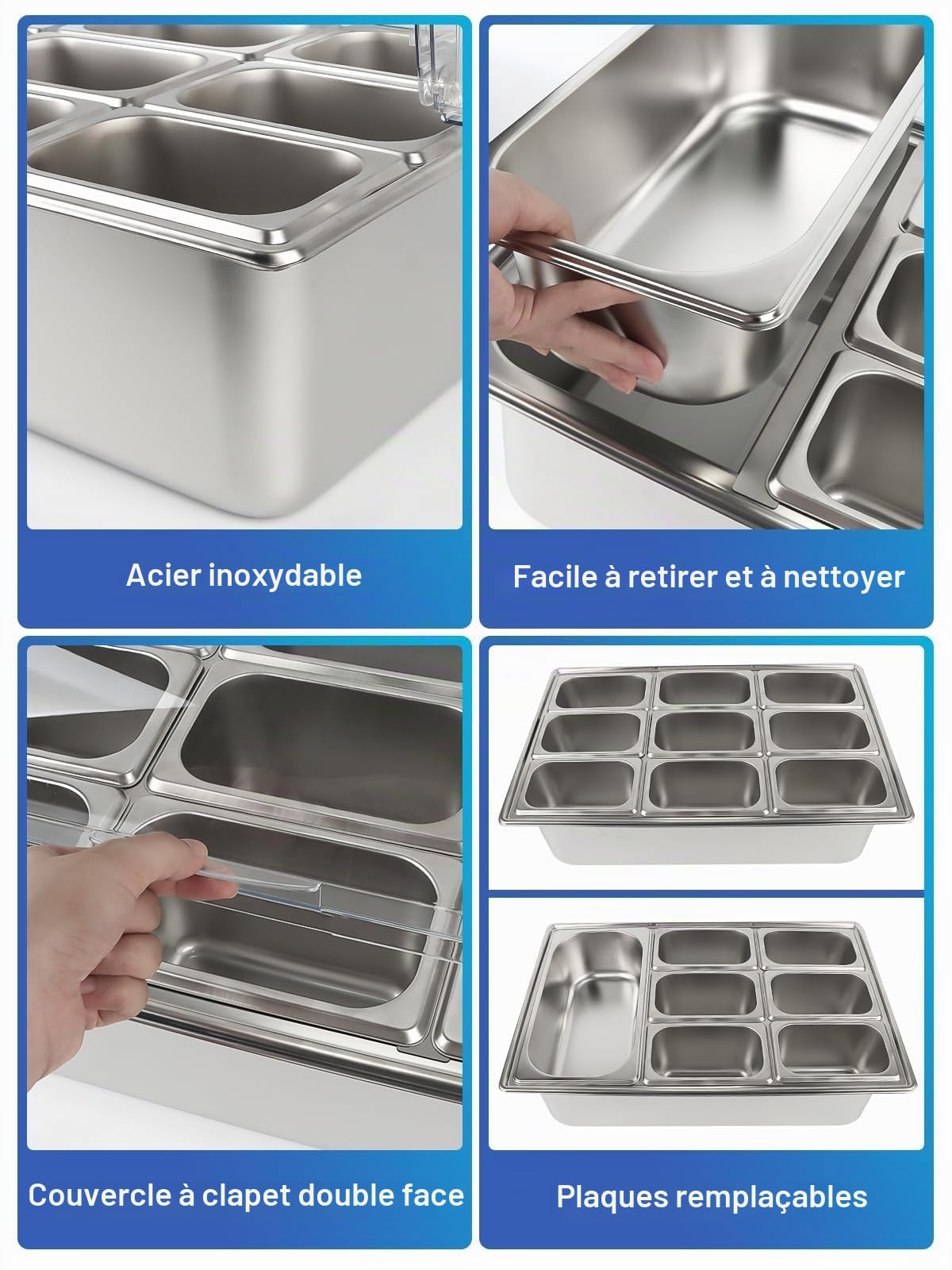 Kalolary Station de Garniture de pizza, 10 Casseroles Acier Inoxydable Organisateur d'Épices Bar Salade Buffet avec Cuillères Glacières Conteneurs Buffet pour Sauce Ingrédients Cuisine Restaurant