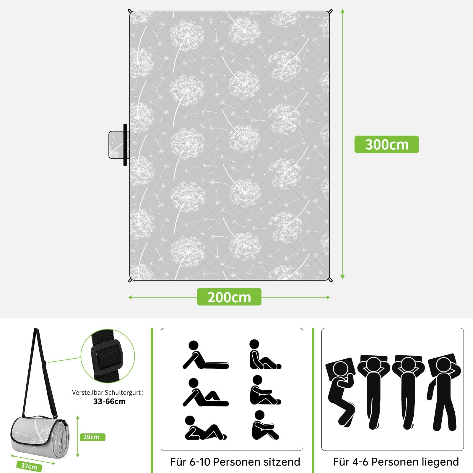 HAUSPROFI Picknickdecke, Wasserdicht Stranddecke Sandfrei 200x300, Outdoor Teppich, Picnic Blanket XXL Extra Große, Campingdecke Ultraleicht Tragbare, Grau