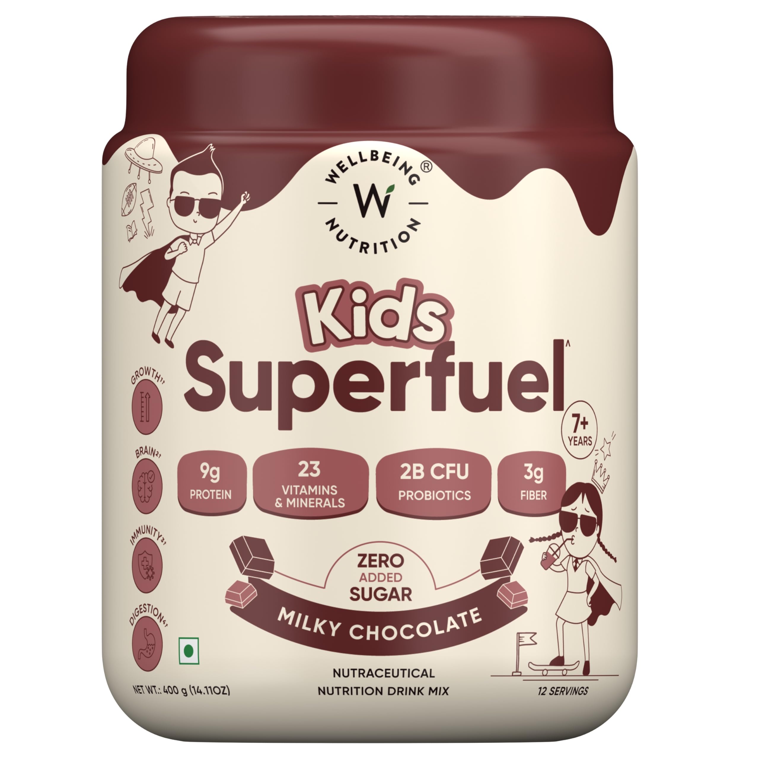 Wellbeing Nutrition Kids Superfuel 7+years |Zero Added Sugar |9g Milk Protein Isolate, 23 Vitamins & Minerals, 100mg DHA, 3g Fiber, Probiotics |Height Growth, Immunity & Brain| Chocolate, Nutrition Drink Powder, 400g-picture-14