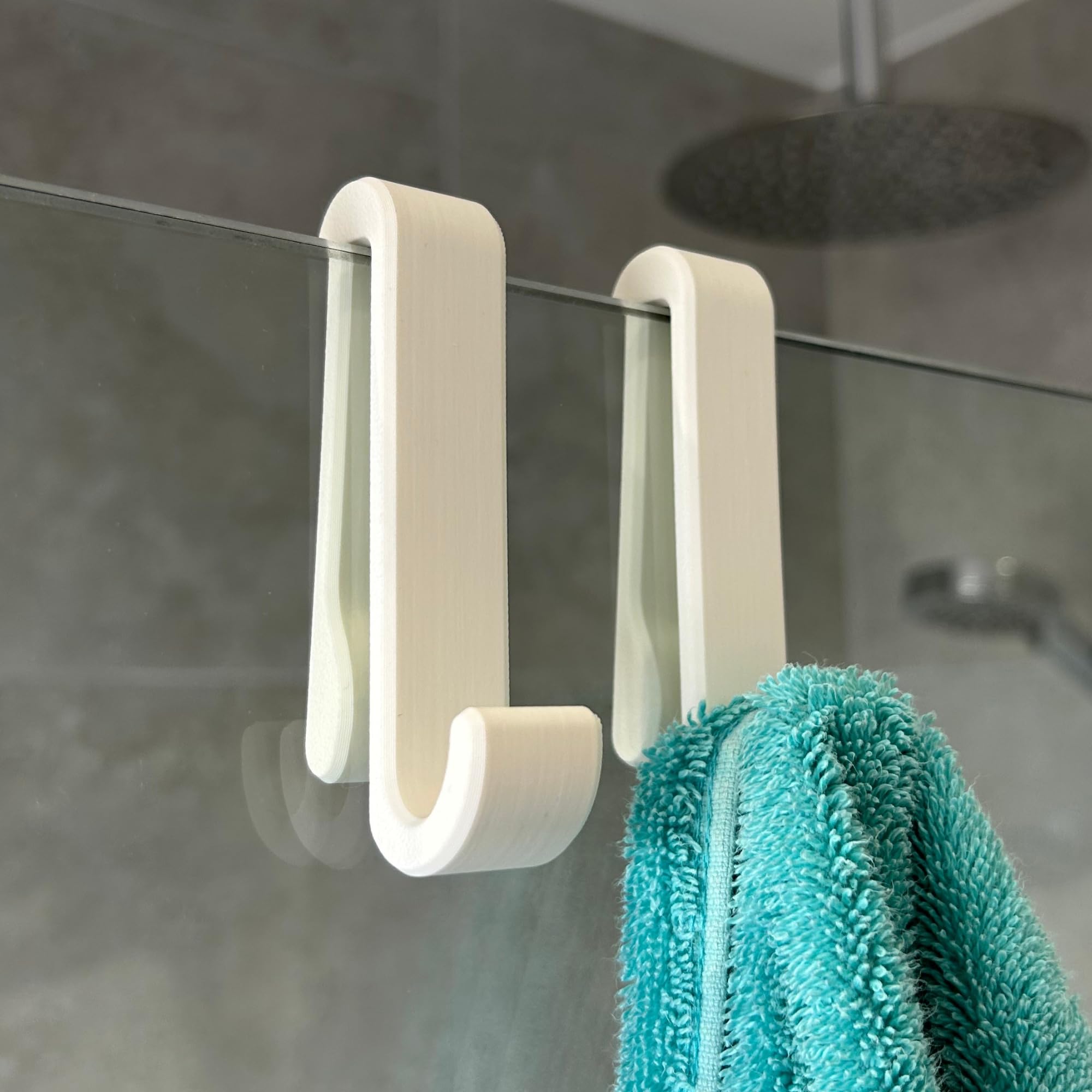 Shower Glass Hook - 2 Pack, Over-the-Glass Towel Hanger, No Drilling, Fits Glass up to 11mm, White or Black (White - 2 Pack)