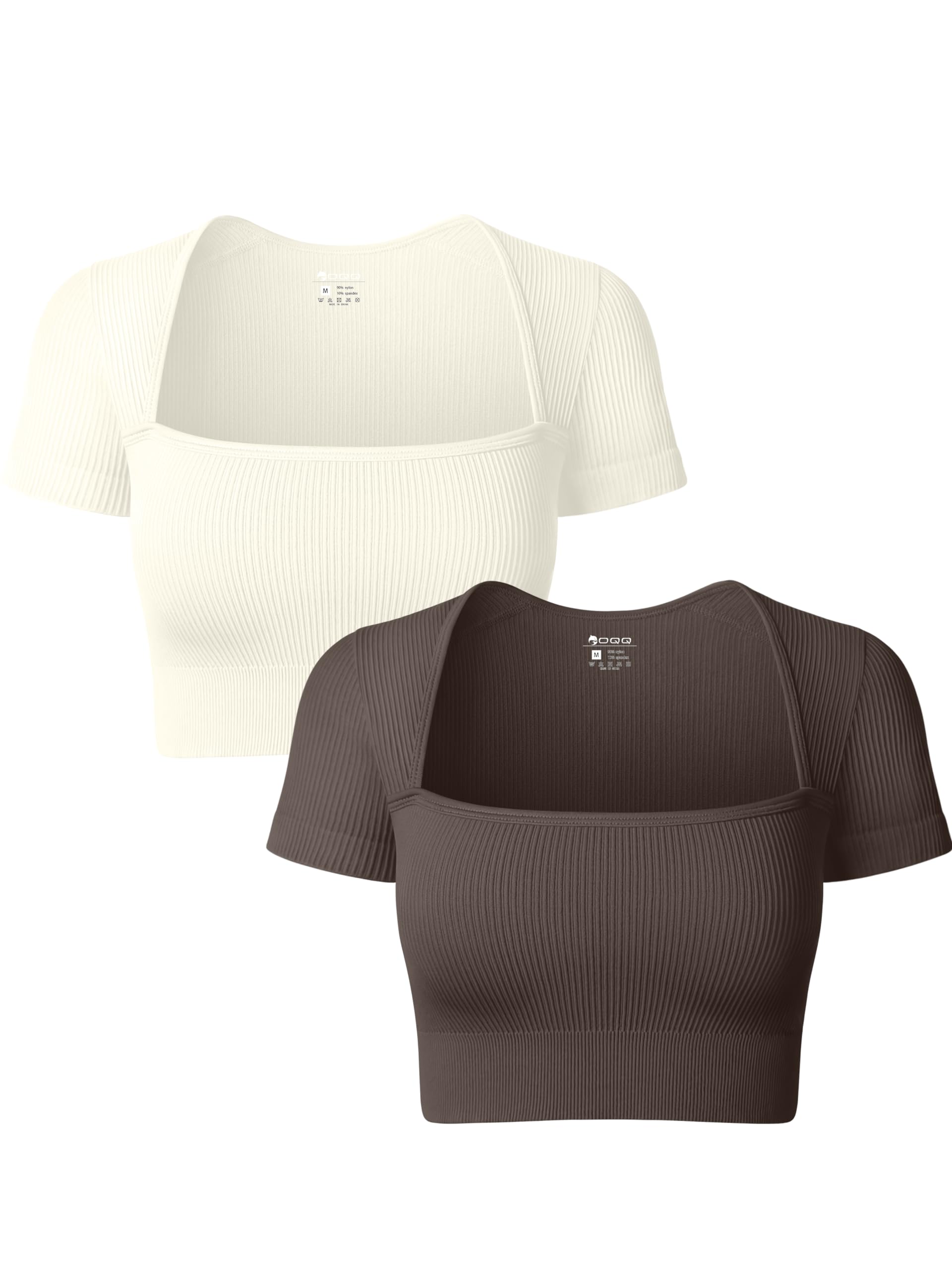 Photo 1 of OQQ Womens 2 Piece Short Sleeve Crop Tops Square Neck Stretch Fitted Basic Tee Shirts Tops Tea Leaf Beige