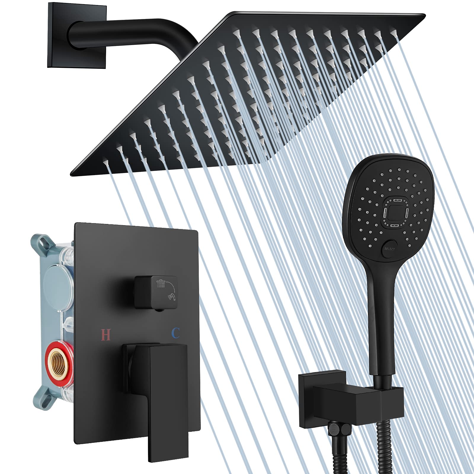 Buy Midanya Matte Black Rain Shower System Wall Shower Faucet Set 8