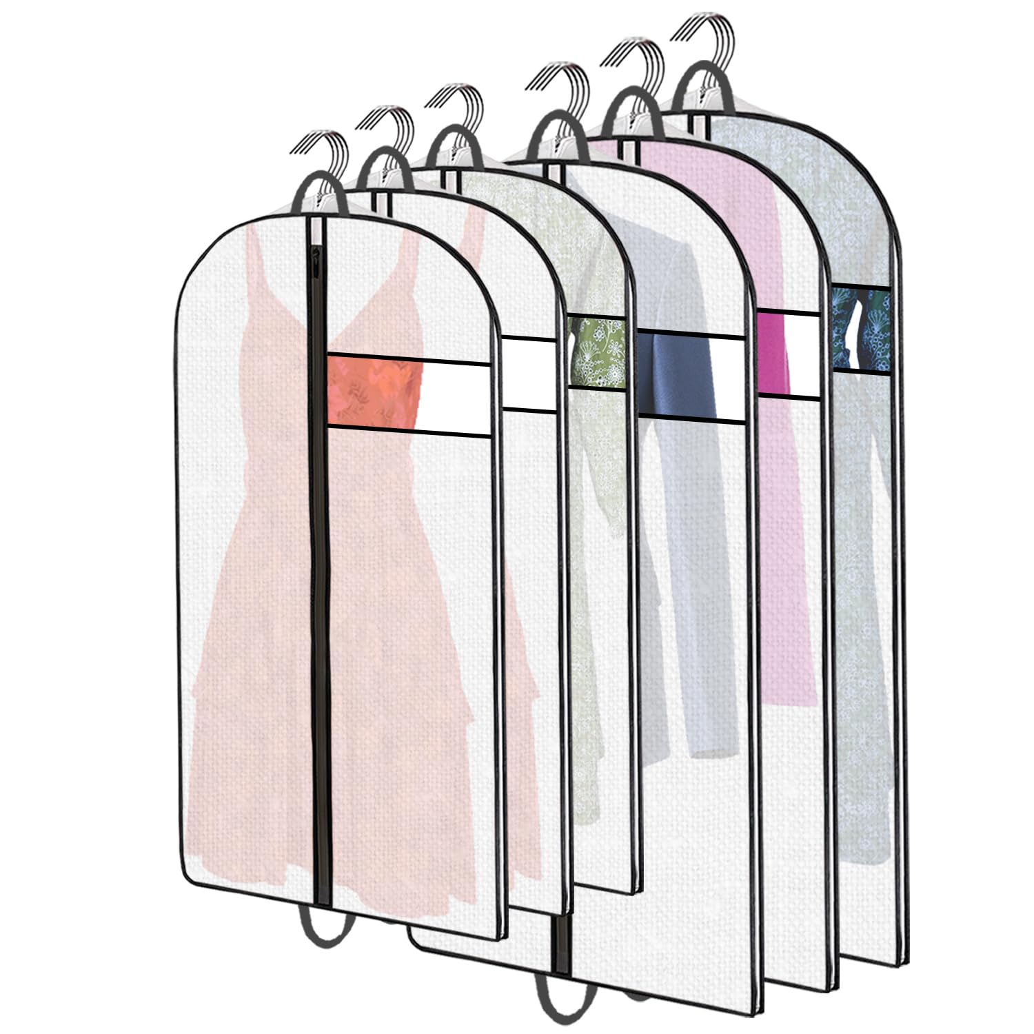Clothes Cover Bags for Storage, Hanging Garment Covers with Zipper, Dustproof & Moth Proof, Breathable Suit & Dress Protector for Wardrobe and Travel, Pack of 6 (2 Sizes)