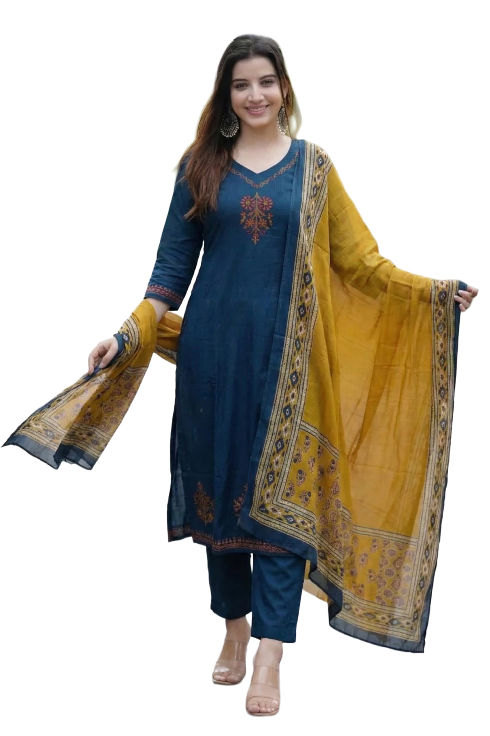 gosriki Kurta Sets for Women Viscose Printed | Kurti Set for Woman | Kurta Pant Dupatta Set | A Line Kurti | V Neck 3/4 Sleeve Suit Set for Women Stylish Ethnic Outfit Clothing-picture-45
