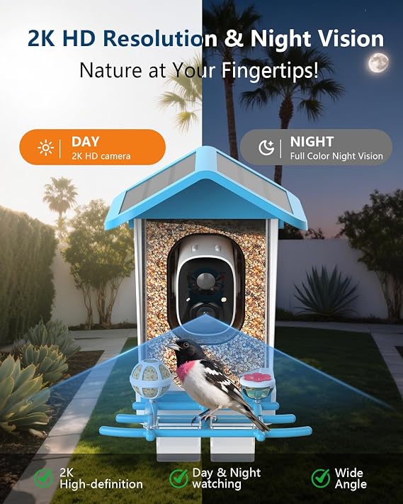 Smart Bird Feeder with Camera,2K HD Video, AI Identify Birds Species Solar Powered,Auto Capture Videos & Notify of Birds Arrival,Bird House for Birdwatching,Gift for Parents,BirdLovers