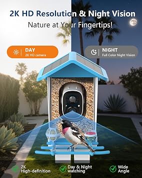 Smart Bird Feeder with Camera,2K HD Video, AI Identify Birds Species Solar Powered,Auto Capture Videos & Notify of Birds Arrival,Bird House for Birdwatching,Gift for Parents,BirdLovers