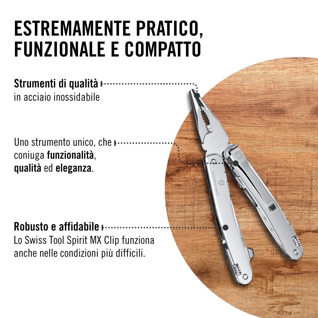 Victorinox Coltellino Svizzero Swiss Tool Spirit MX Clip, 24 Funzioni, Multi-strumento con Pinza, Cacciavite, Apriscatole, Argento
