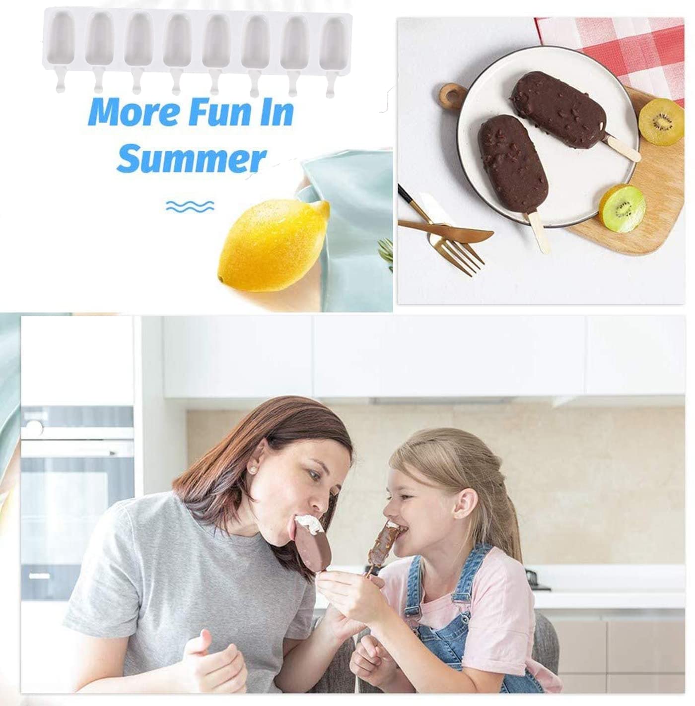 Moule à Glace Silicone Magnum 8 Cavités – 2 Moules Réutilisables + 20 Bâtonnets En Bois, Facile à Démouler Pour Crèmes Glacées Maison, Popsicles Et Cakesicles